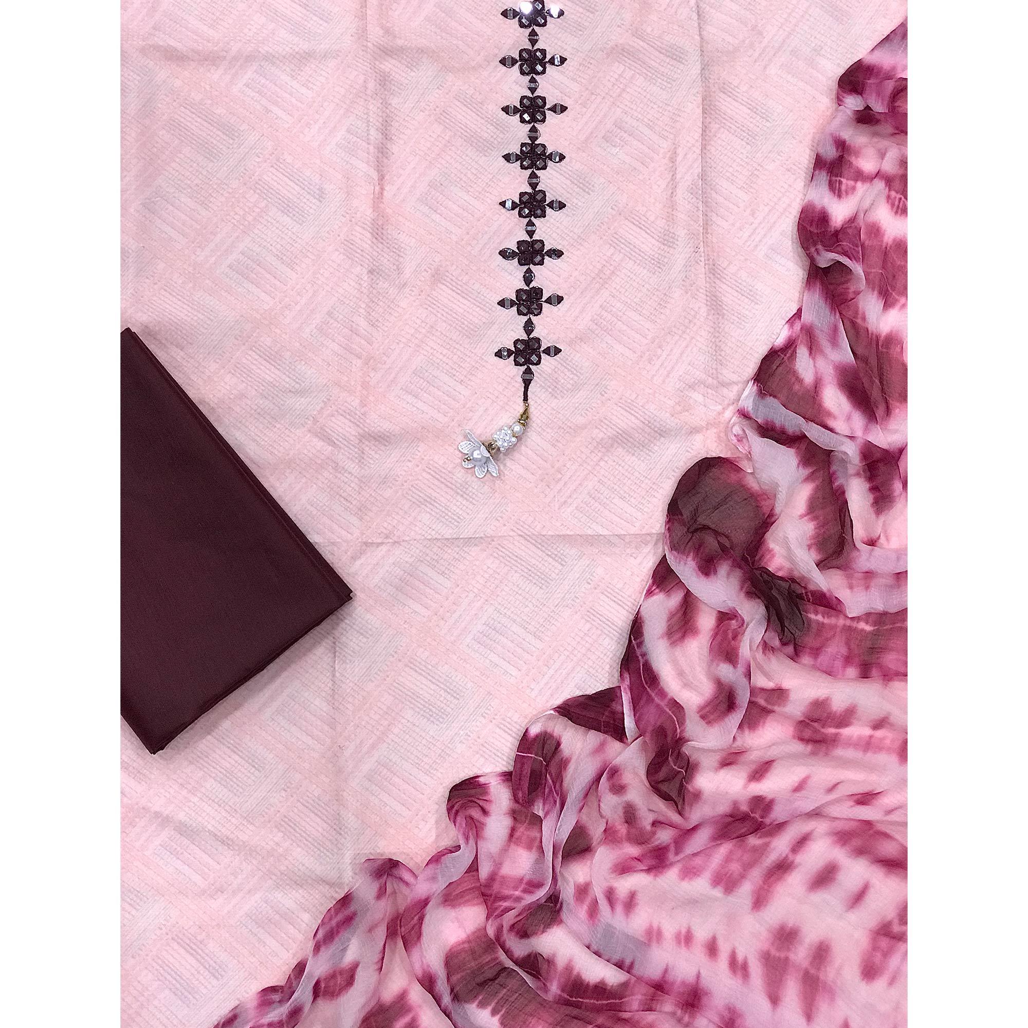 Light Pink Printed With Embroidered Cotton Blend Dress Material - Peachmode