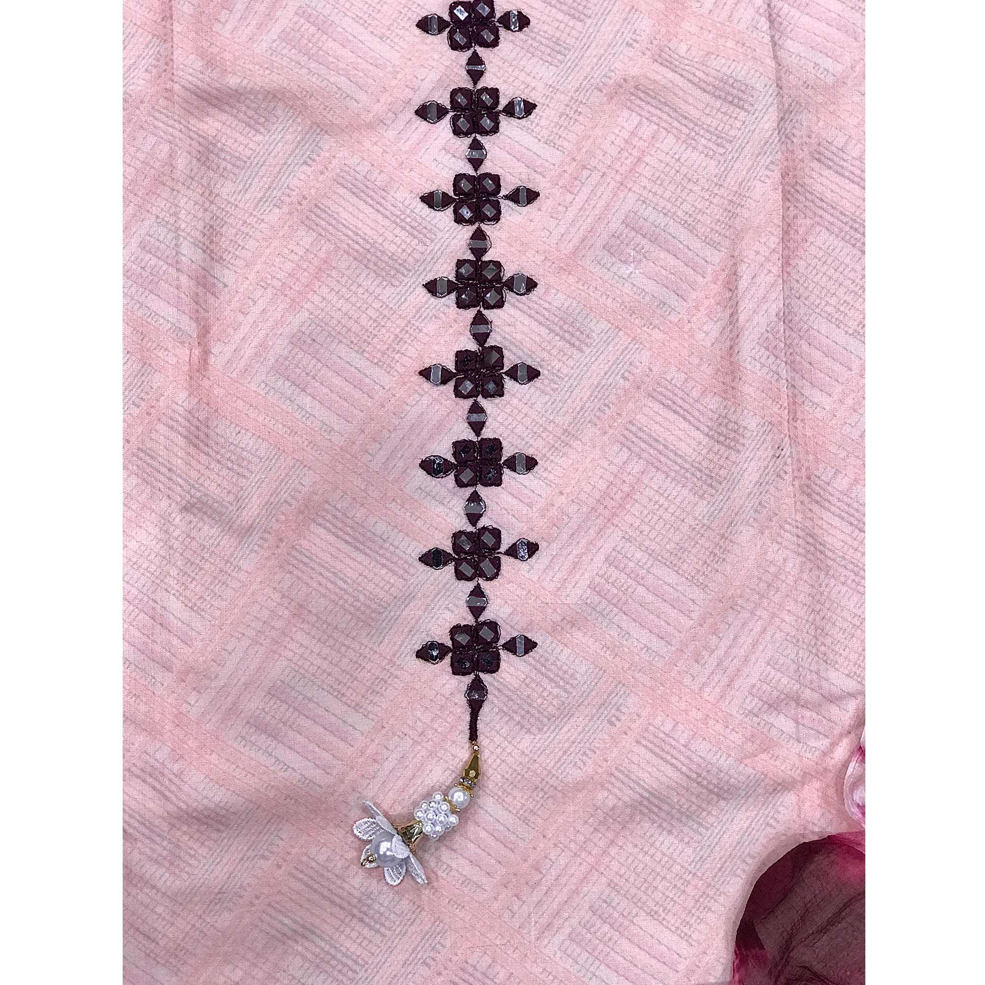 Light Pink Printed With Embroidered Cotton Blend Dress Material - Peachmode