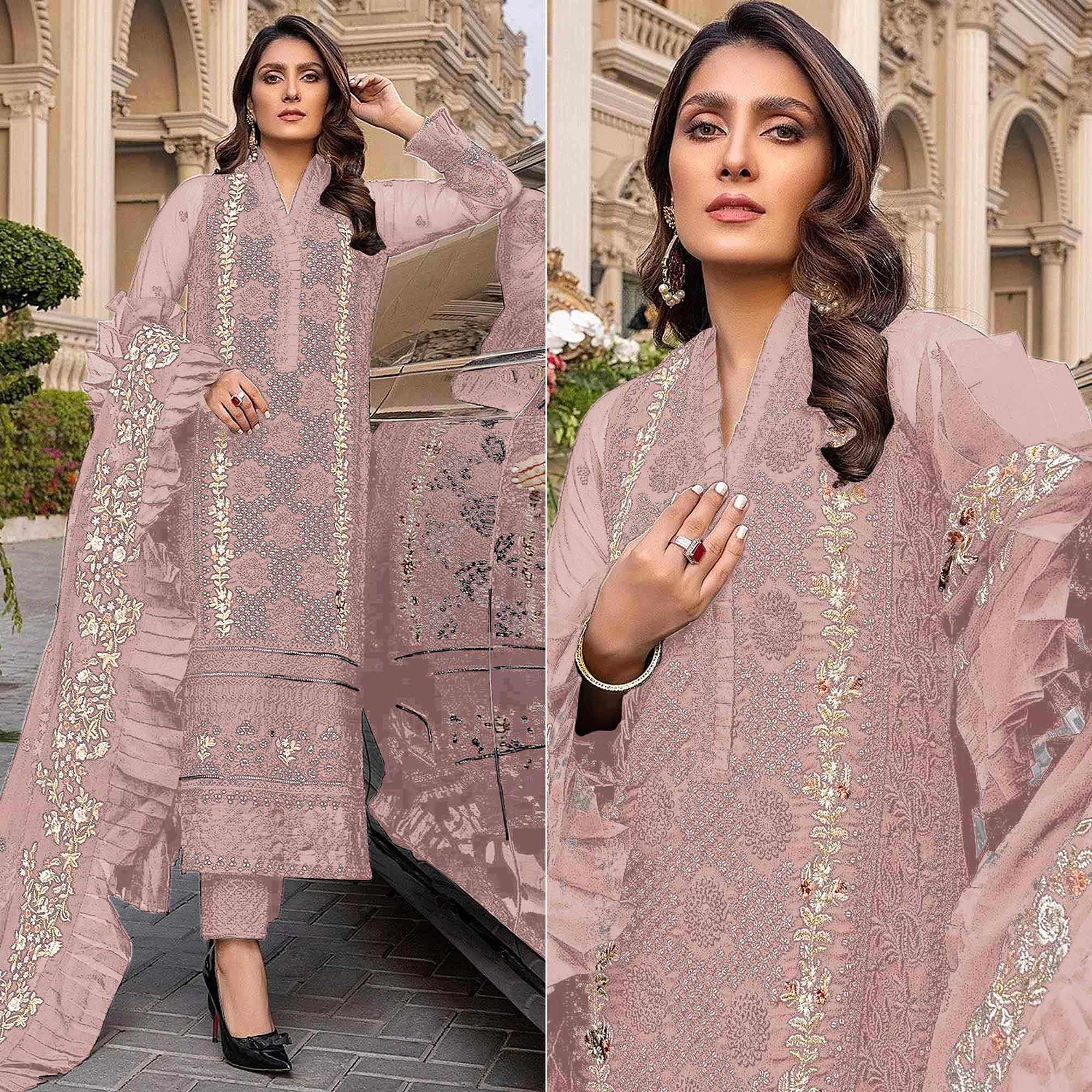 Light Pink Sequence With Floral Embroidered Georgette Pakistani Suit - Peachmode