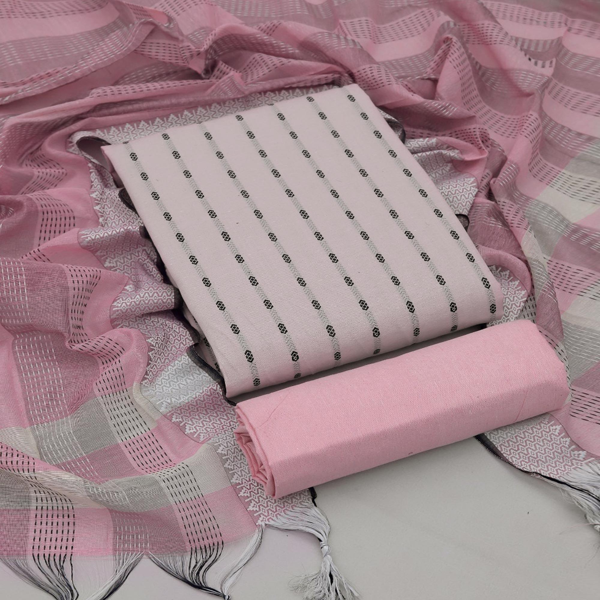 Light Pink Stripes Printed Poly Cotton Dress Material - Peachmode