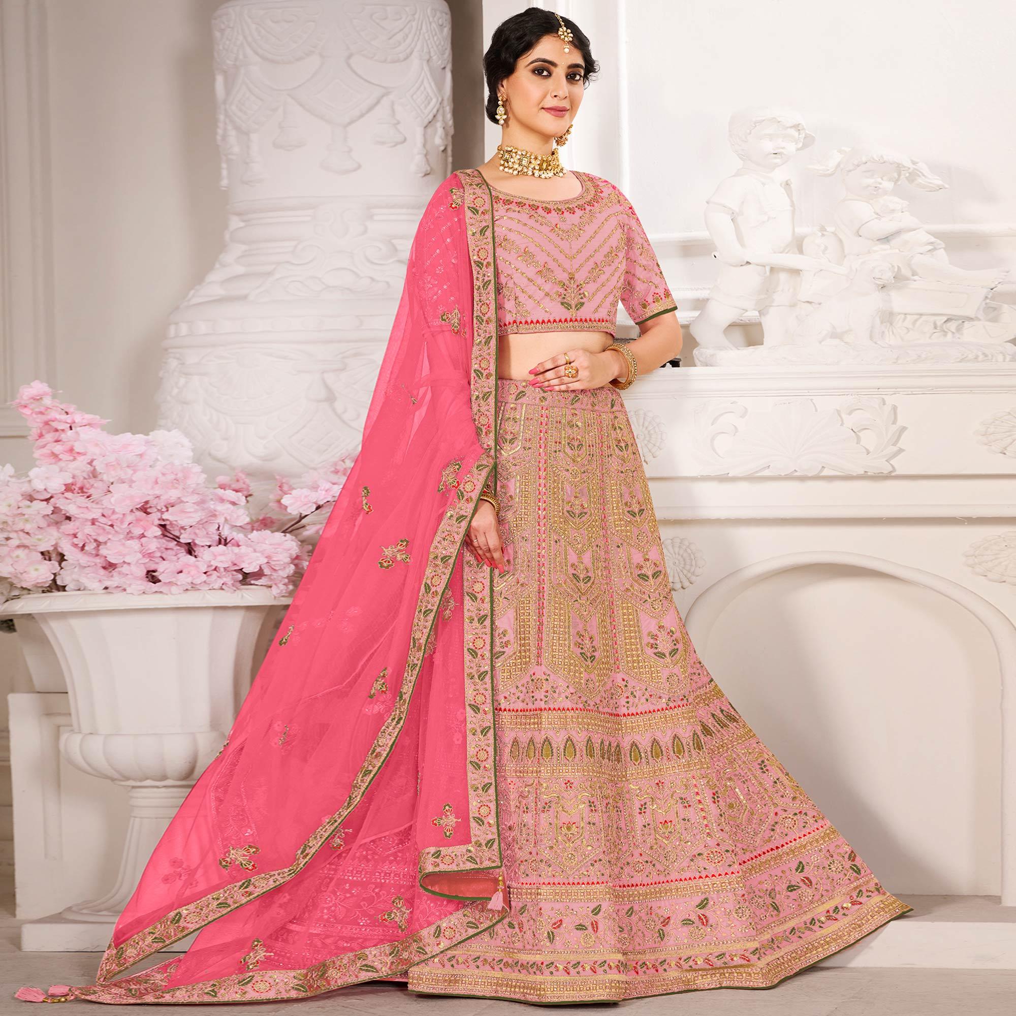 Light Pink Wedding Wear Embroidered Silk Lehenga Choli - Peachmode