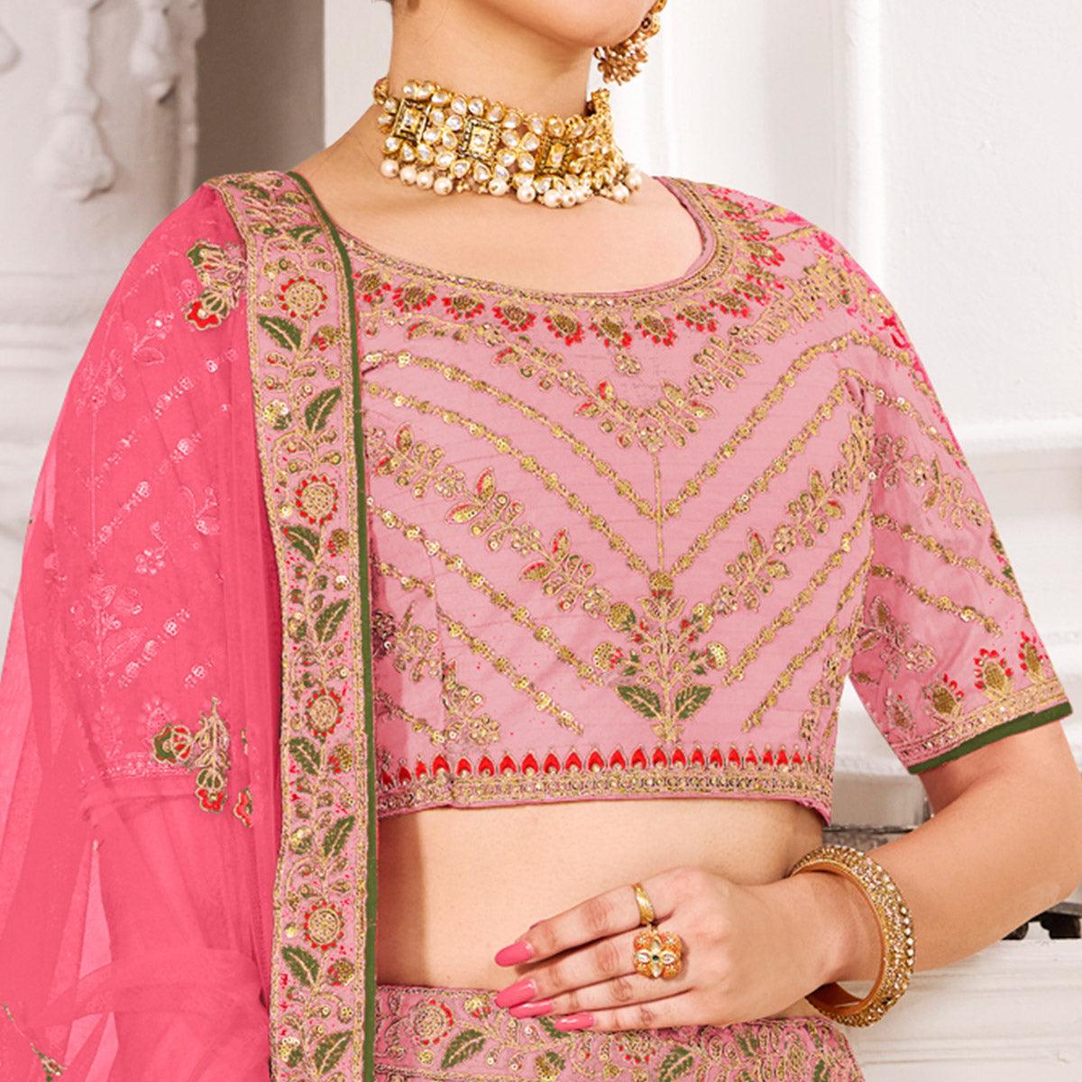 Light Pink Wedding Wear Embroidered Silk Lehenga Choli - Peachmode
