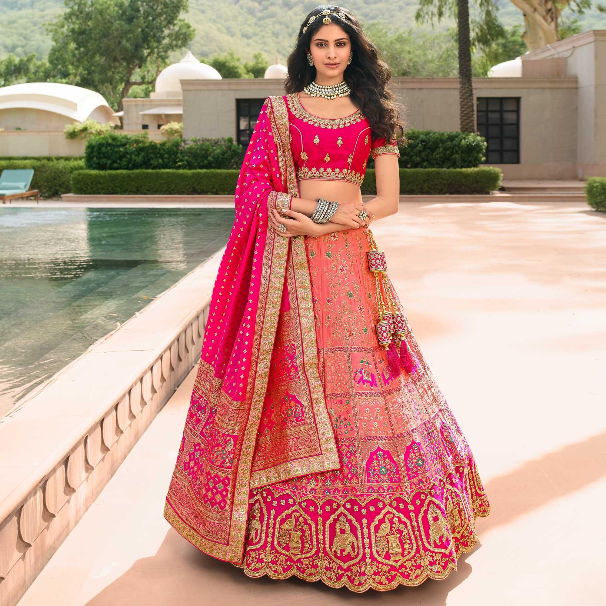 Light Pink Wedding Wear Floral Embroidered With Woven Banarasi Silk Lehenga Choli - Peachmode