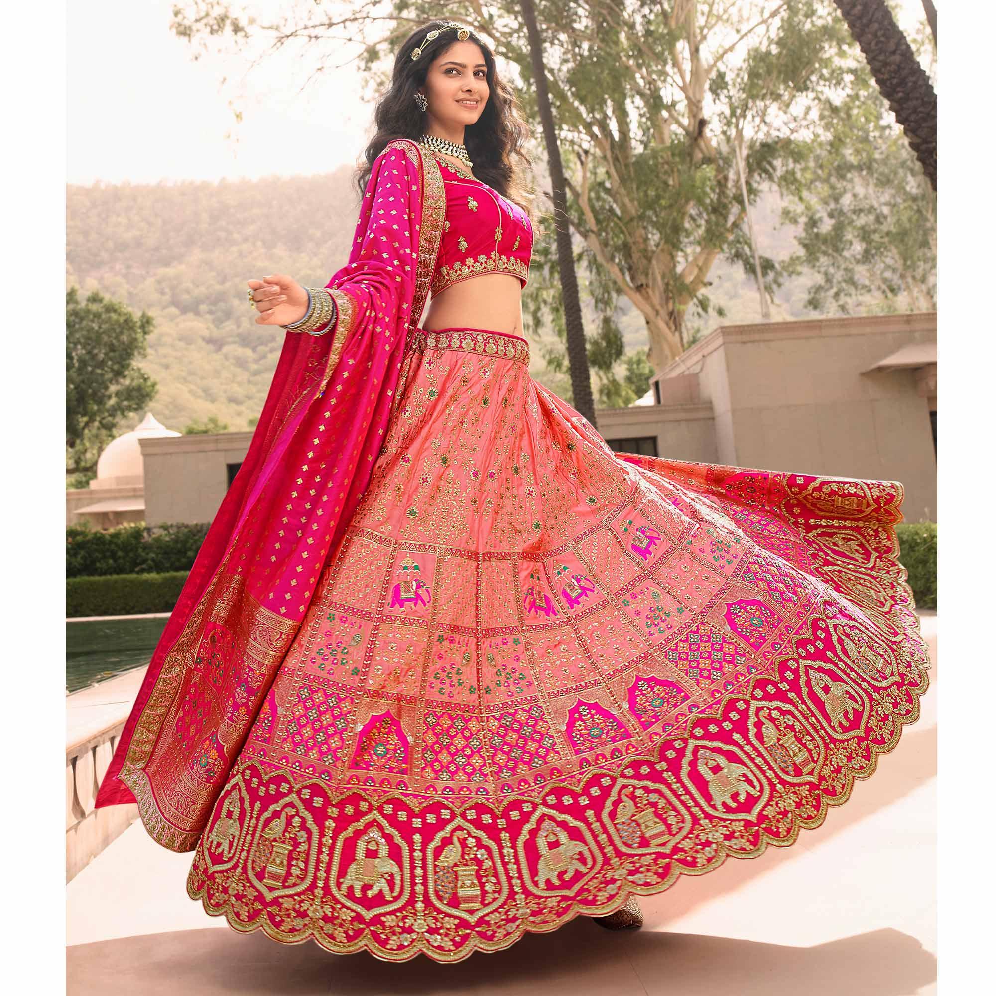 Light Pink Wedding Wear Floral Embroidered With Woven Banarasi Silk Lehenga Choli - Peachmode