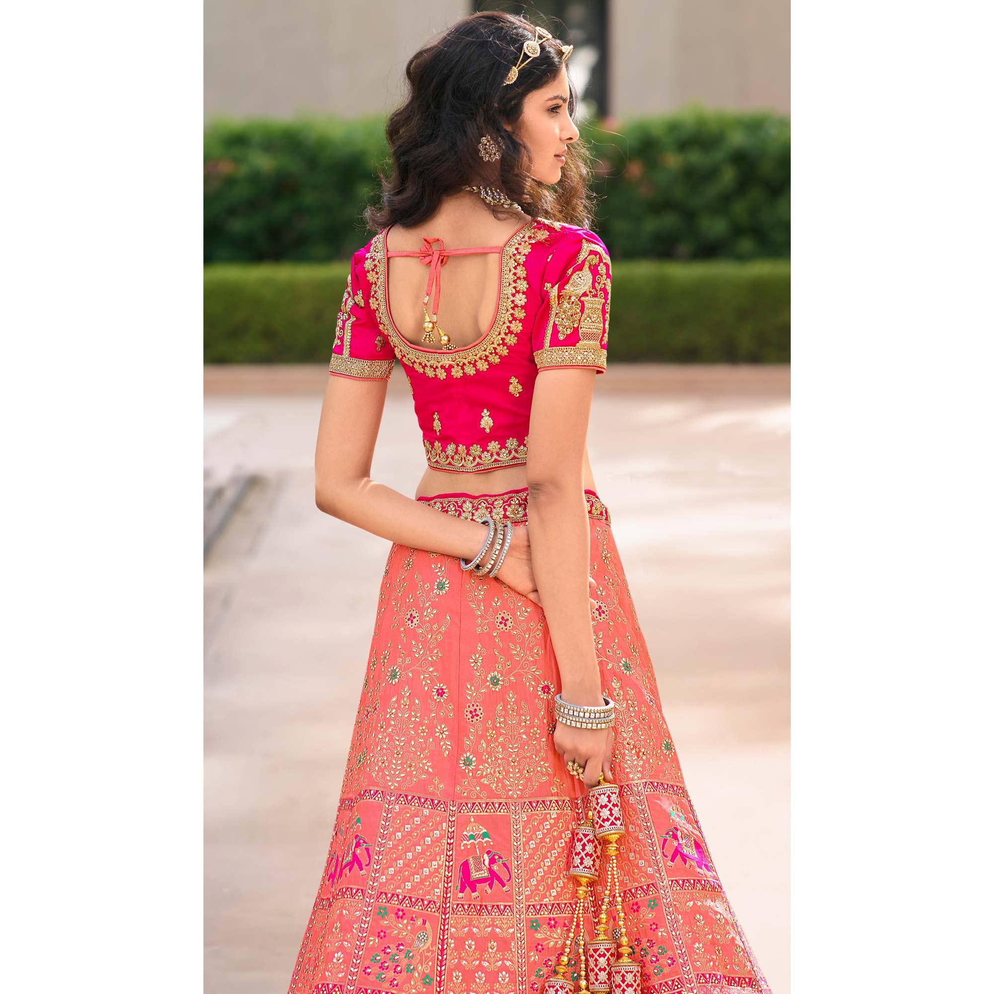 Light Pink Wedding Wear Floral Embroidered With Woven Banarasi Silk Lehenga Choli - Peachmode