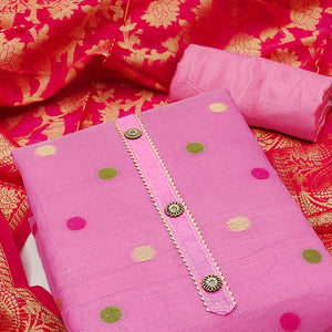 Light Pink Woven Banarasi Silk Dress Material - Peachmode