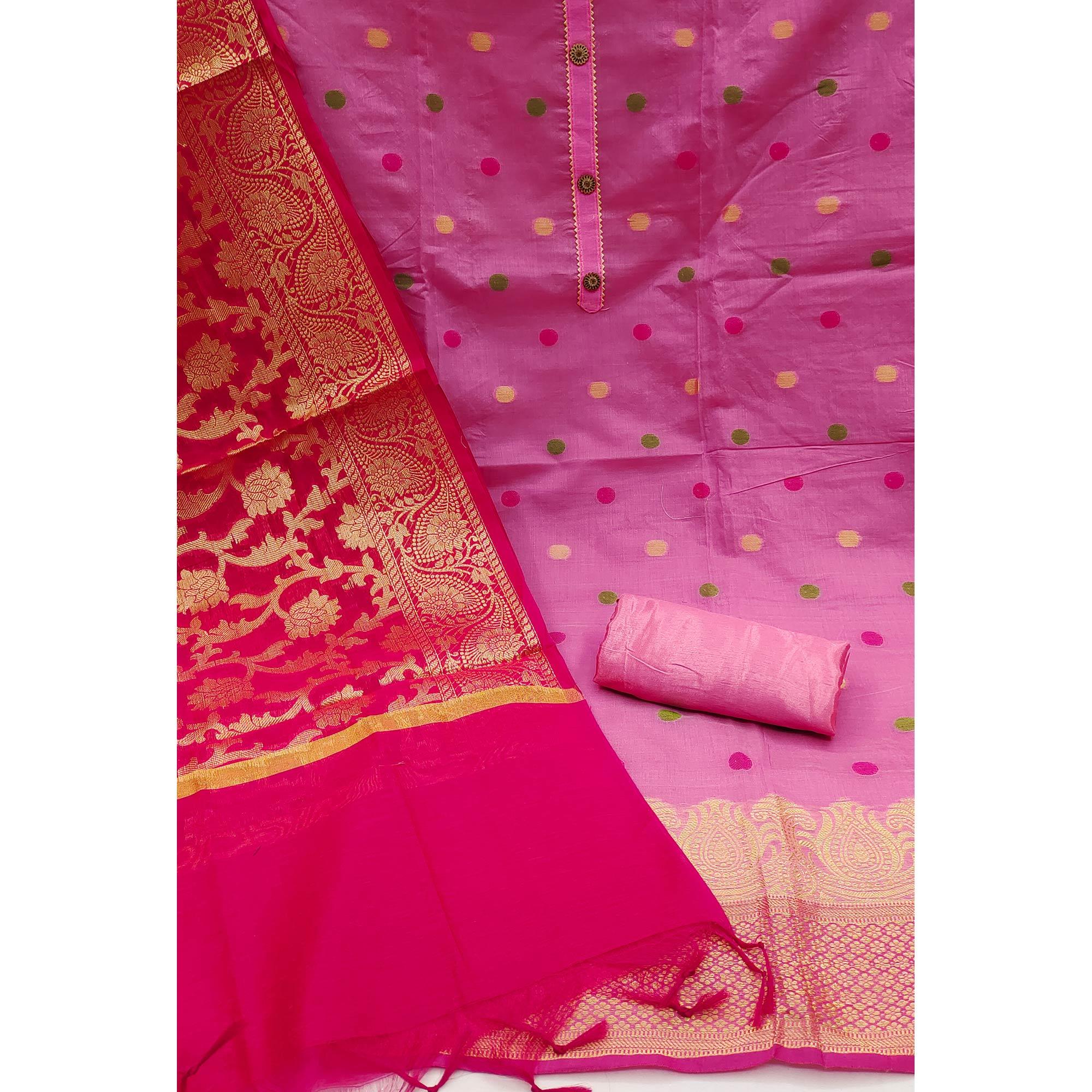 Light Pink Woven Banarasi Silk Dress Material - Peachmode