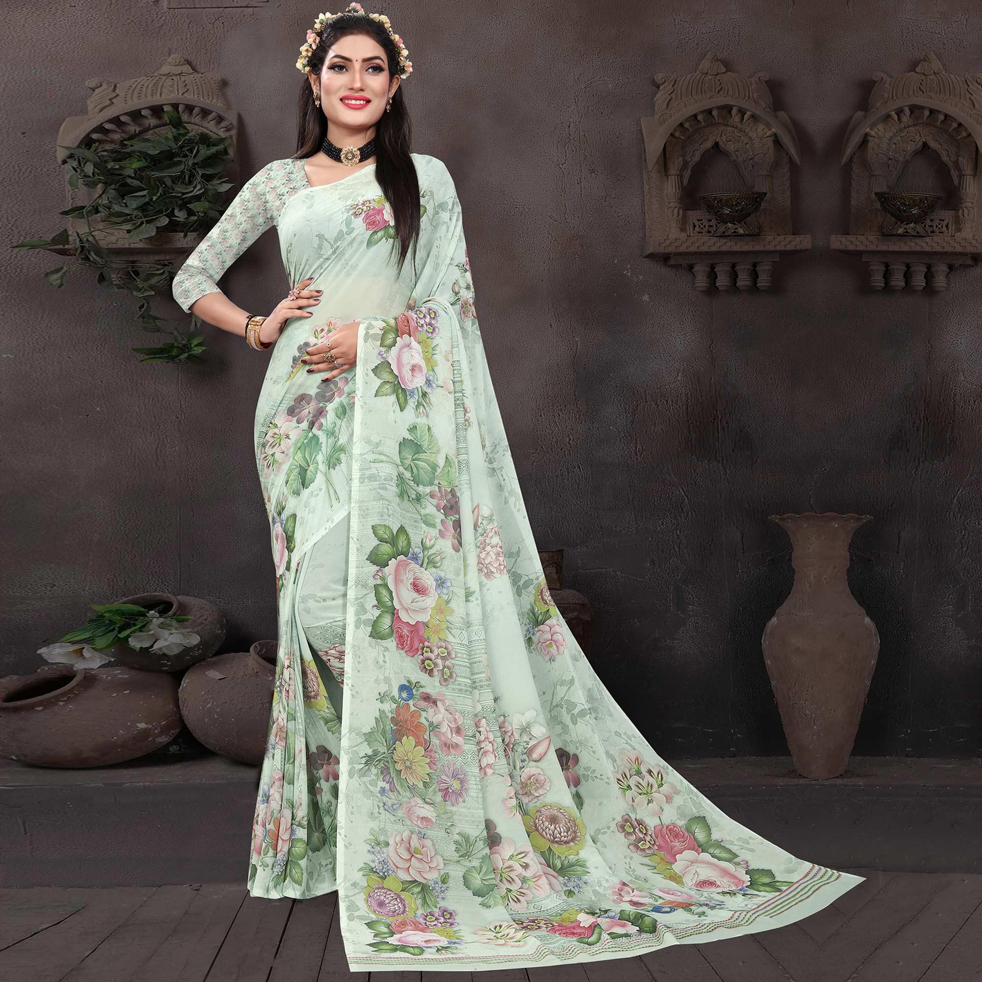 Light Pista Casual Wear Floral Printed Georgette Saree - Peachmode
