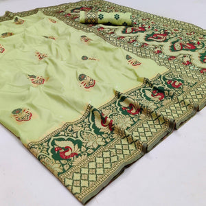 Light Pista Green Festive Wear Floral Woven Designer Soft Silk Banarasi Saree - Peachmode