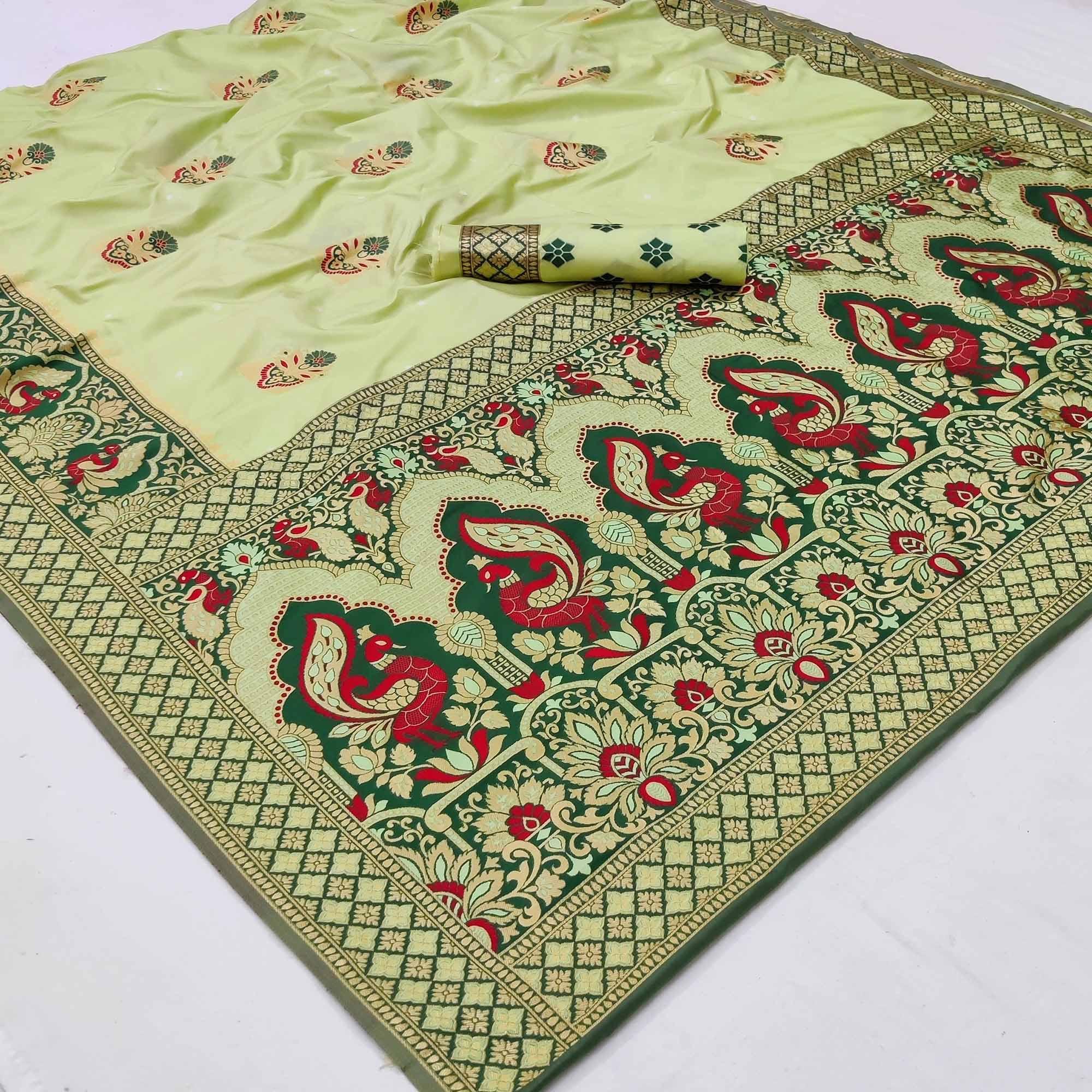 Light Pista Green Festive Wear Floral Woven Designer Soft Silk Banarasi Saree - Peachmode