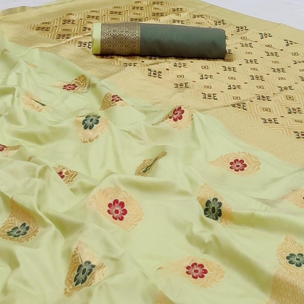 Light Pista Green Festive Wear Floral Woven Soft Silk Banarasi Saree - Peachmode