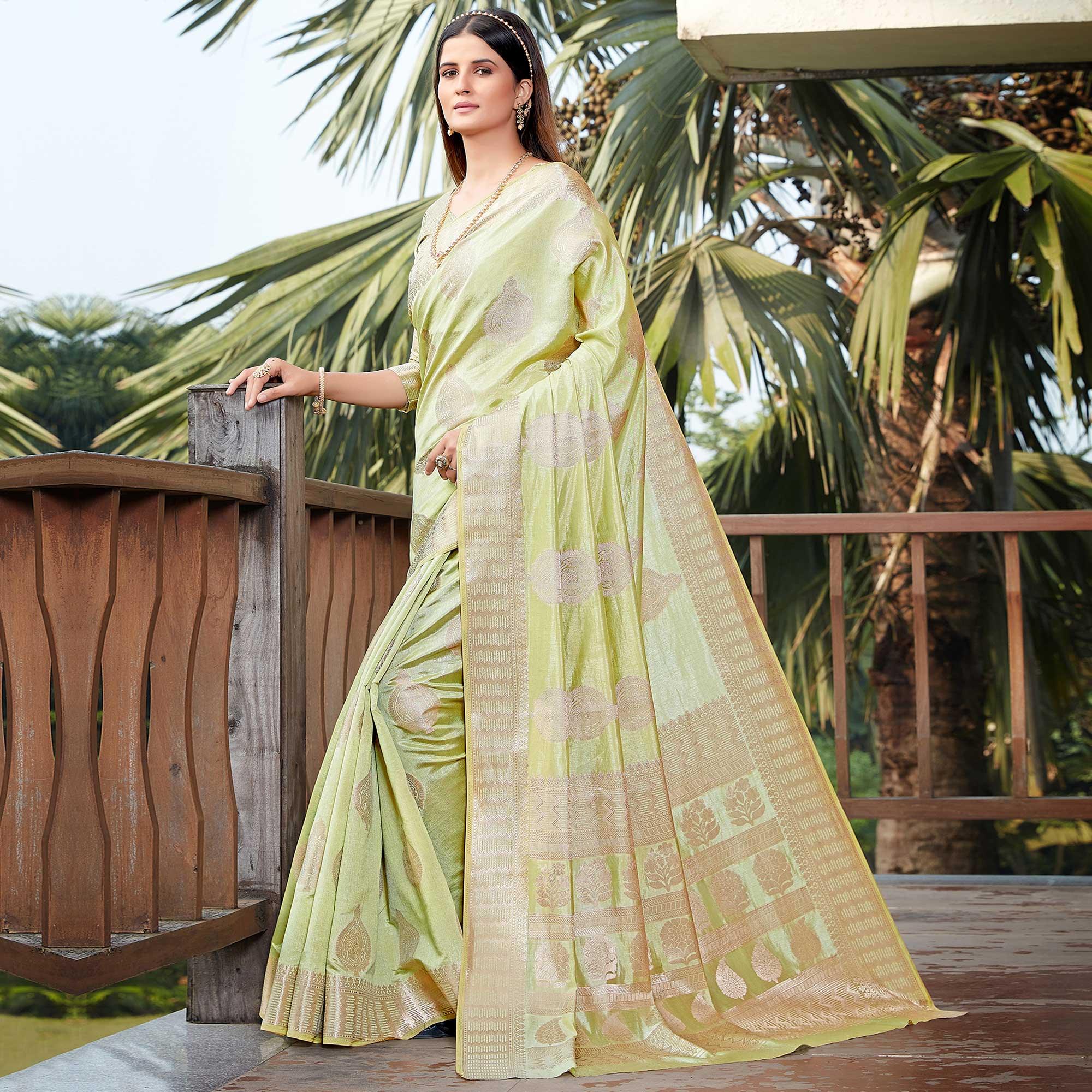 Light Pista Green Festive Wear Jari Woven Art Silk Saree - Peachmode