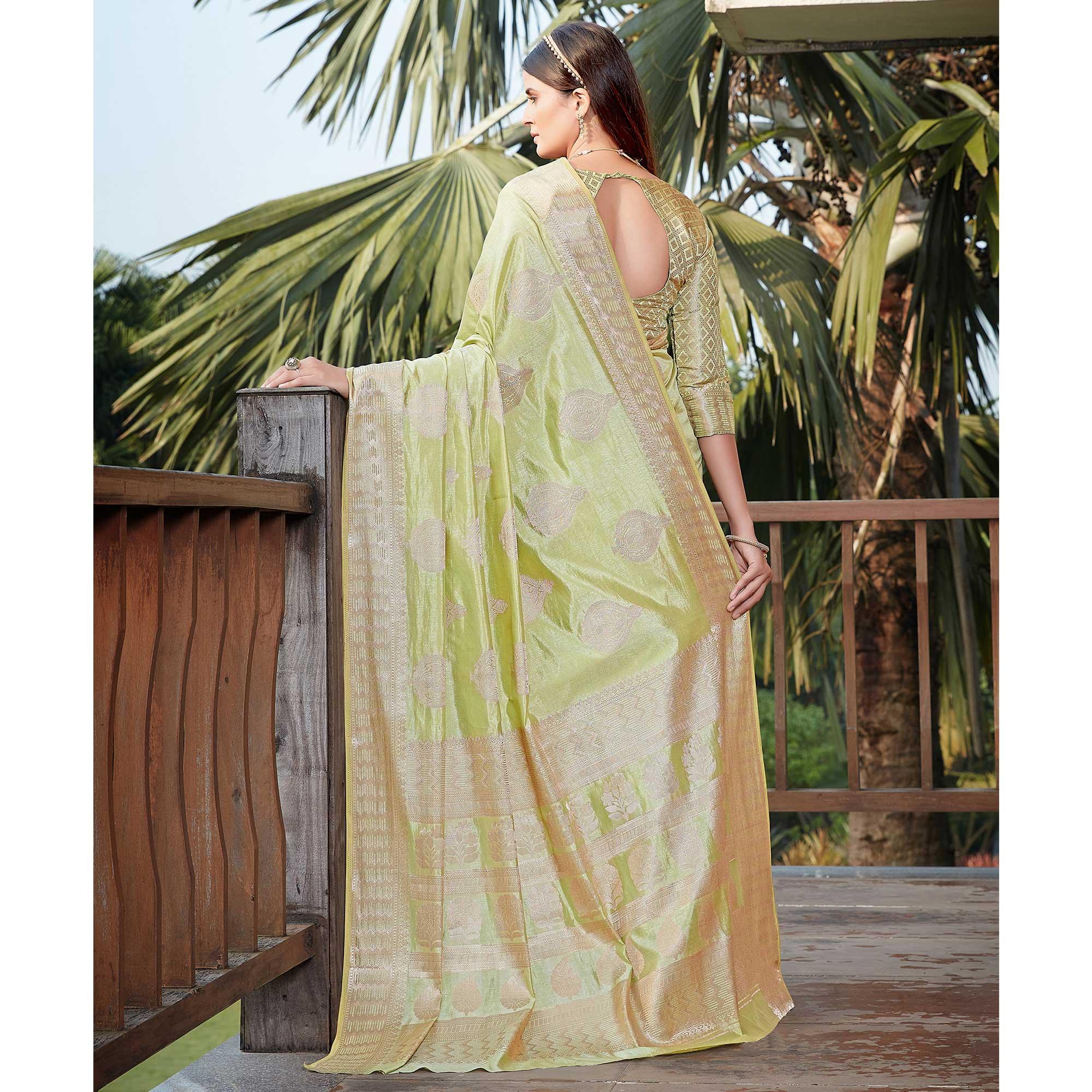 Light Pista Green Festive Wear Jari Woven Art Silk Saree - Peachmode