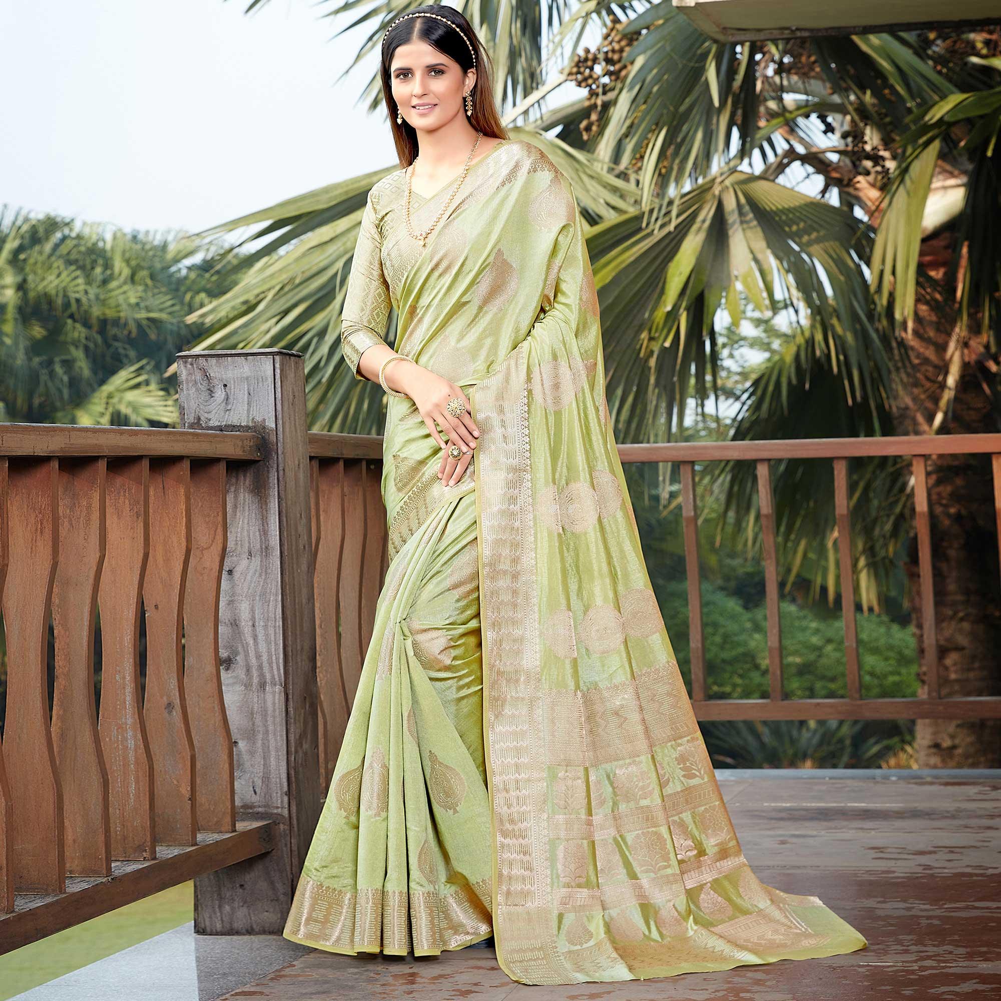 Light Pista Green Festive Wear Jari Woven Art Silk Saree - Peachmode