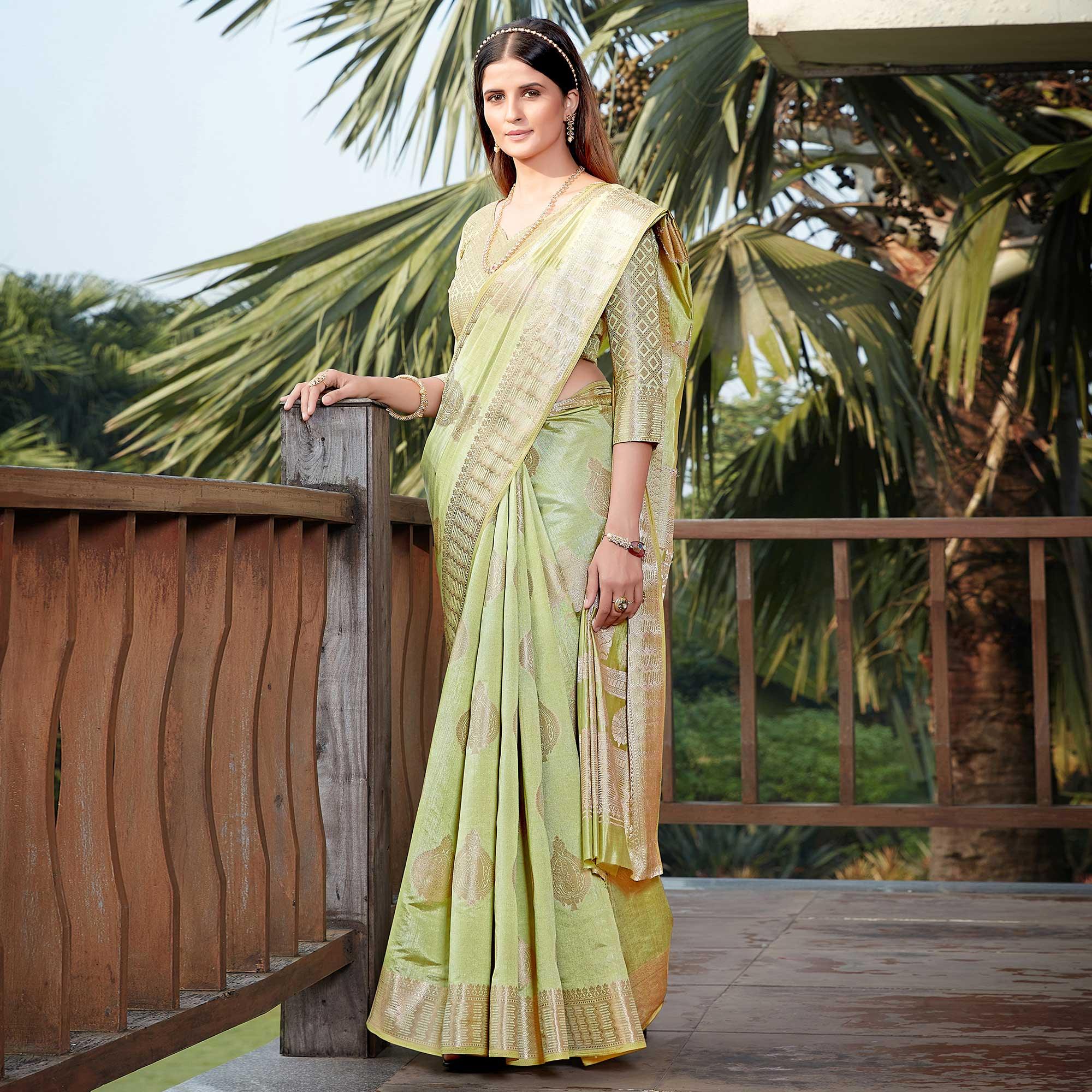 Light Pista Green Festive Wear Jari Woven Art Silk Saree - Peachmode