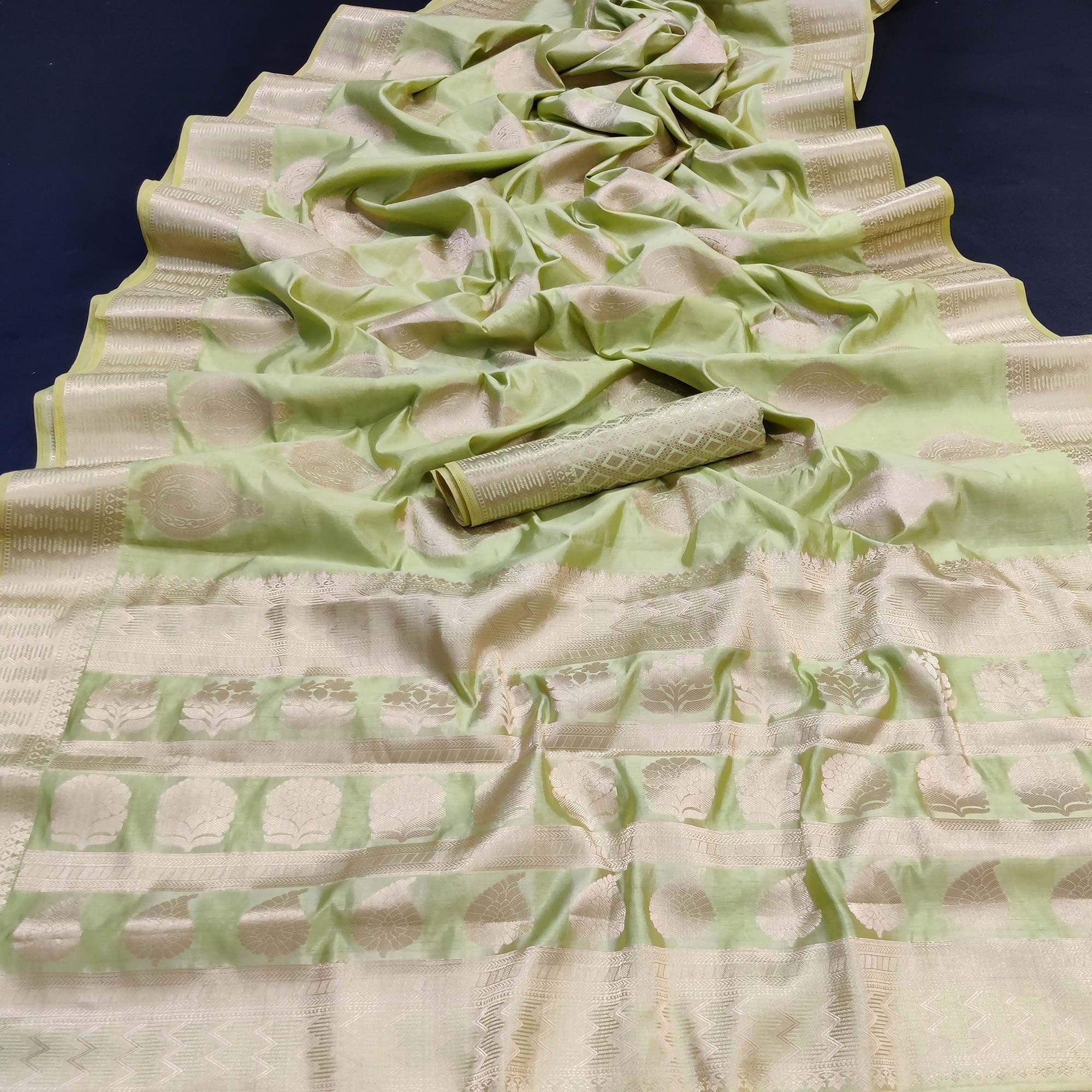 Light Pista Green Festive Wear Soft Jari Woven Art Silk Saree - Peachmode