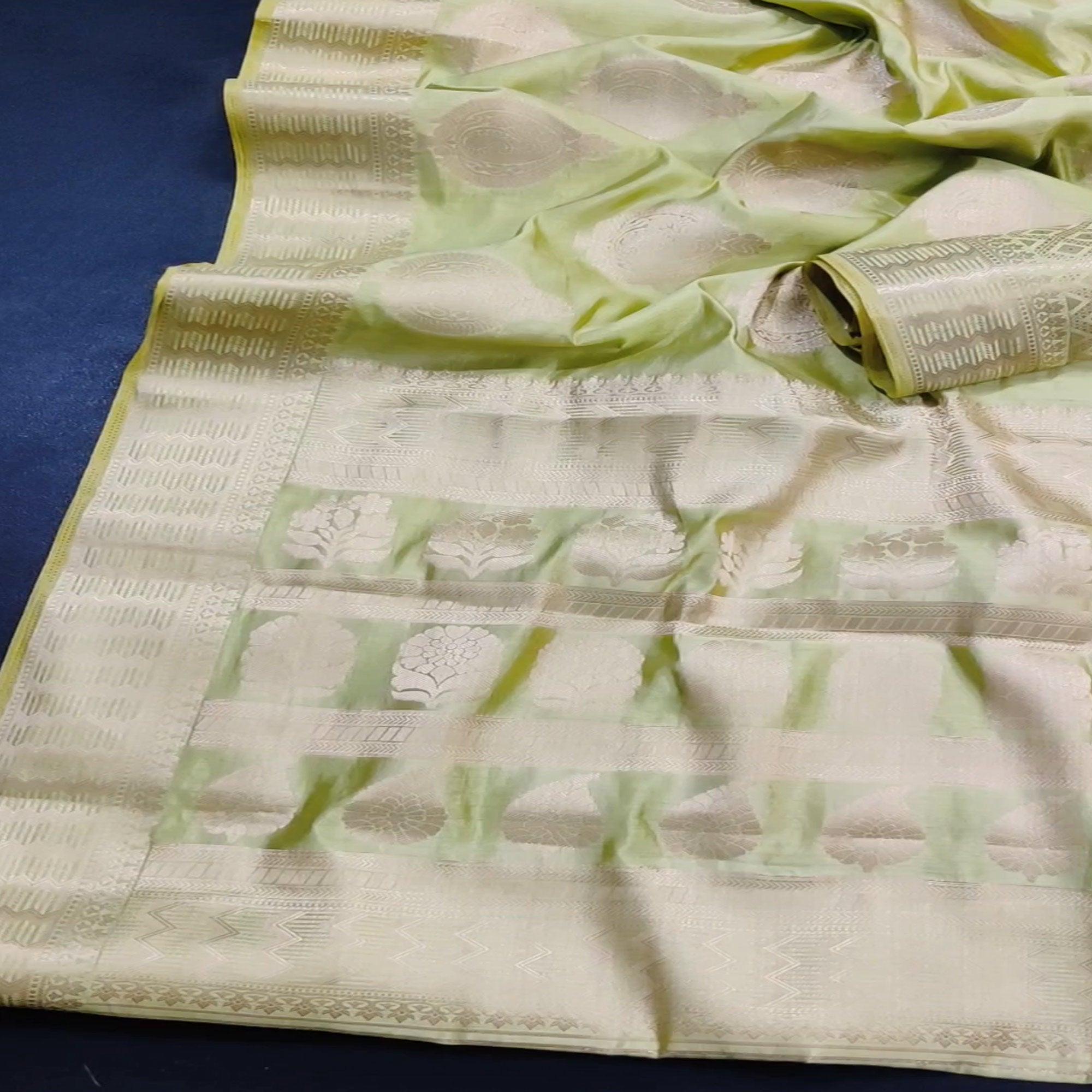 Light Pista Green Festive Wear Soft Jari Woven Art Silk Saree - Peachmode