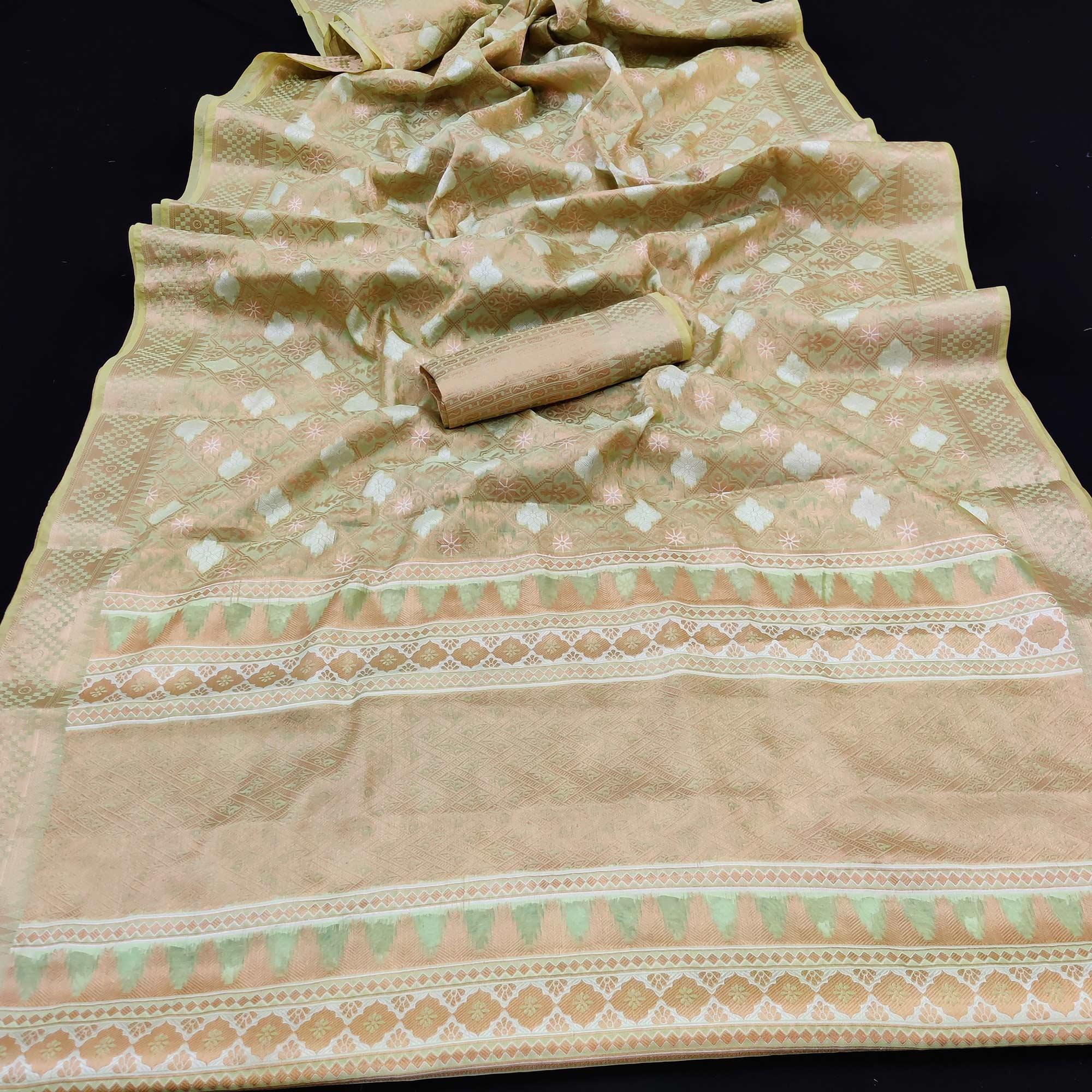 Light Pista Green Festive Wear Woven Art Silk Saree - Peachmode