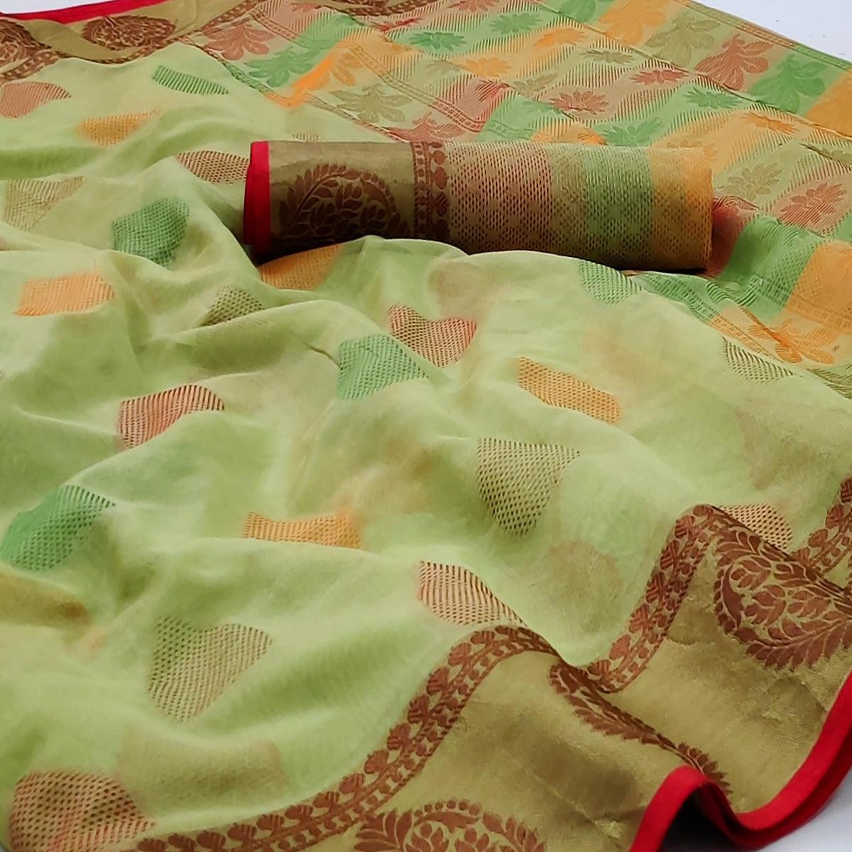 Light Pista Green Festive Wear Woven Rich Pallu Organza Saree - Peachmode