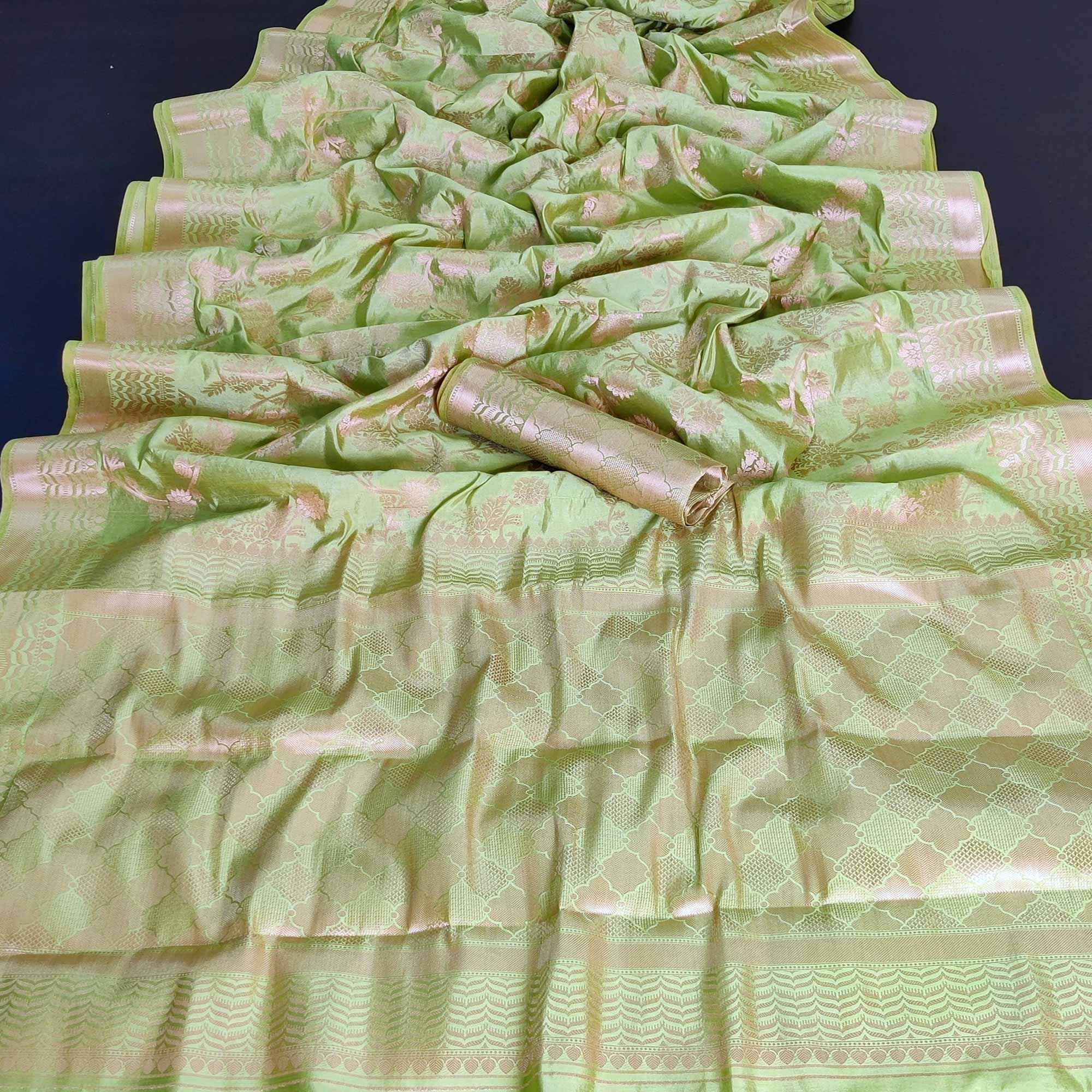Light Pista Green Festive Wear Zari Woven Art Silk Saree - Peachmode