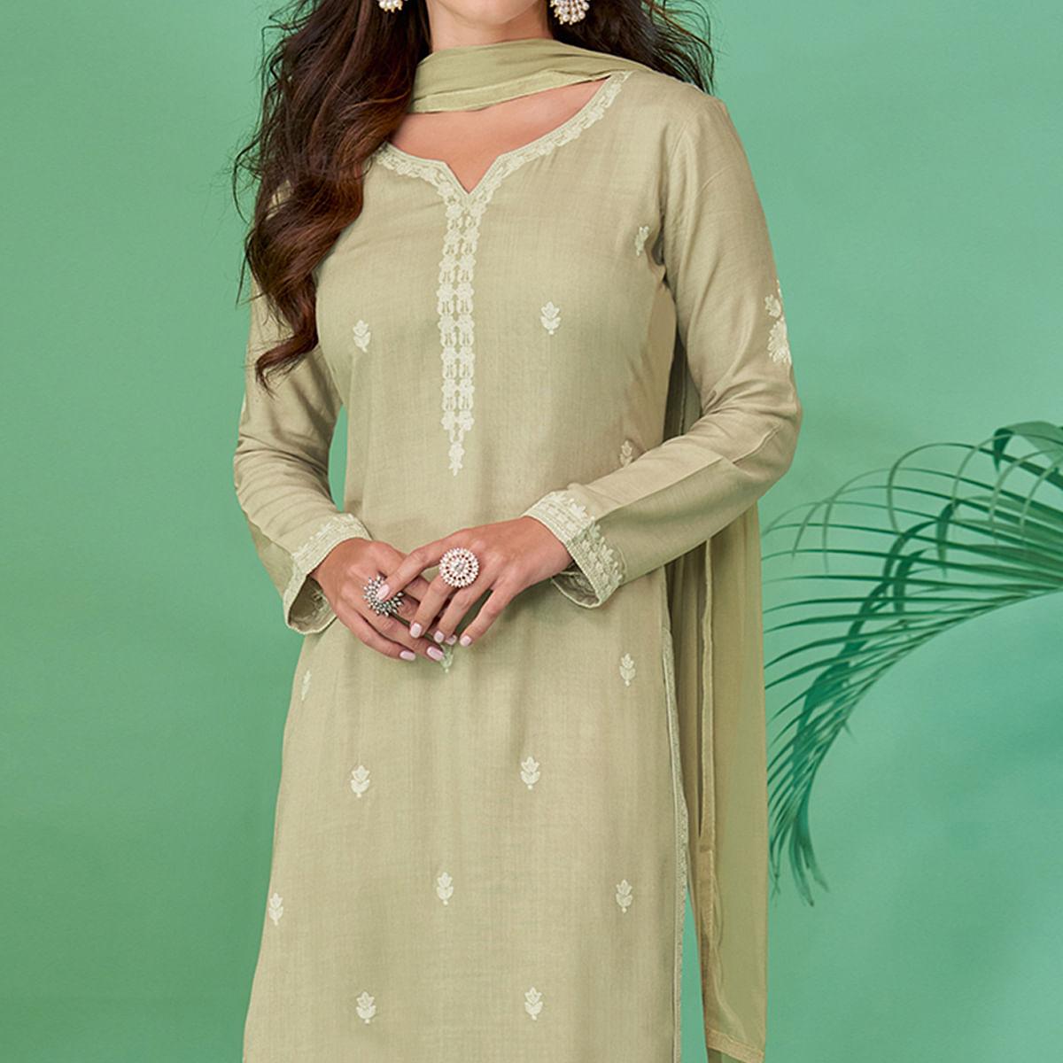 Light Pista Green Lucknowi Embroidered Rayon Kurti Pant Set With Dupatta - Peachmode
