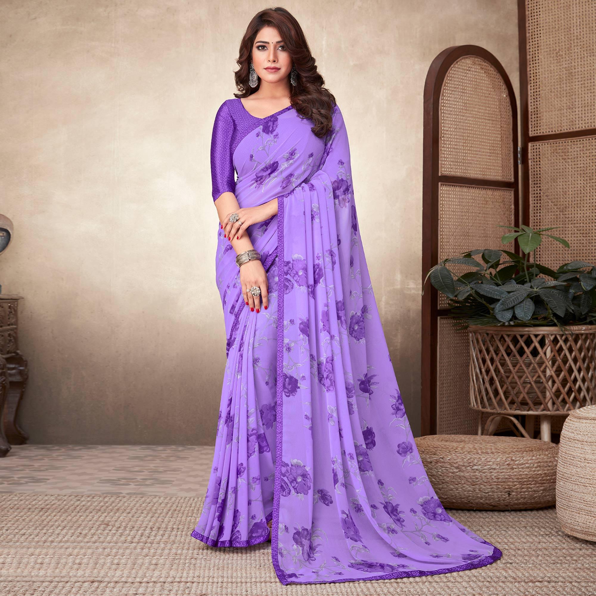 Light Purple Casual Wear Floral Printed Georgette Saree - Peachmode
