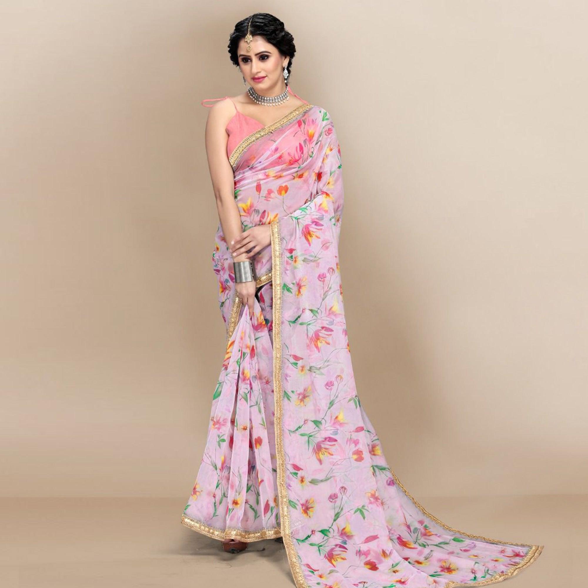 Light Purple Casual Wear Printed Organza Saree - Peachmode