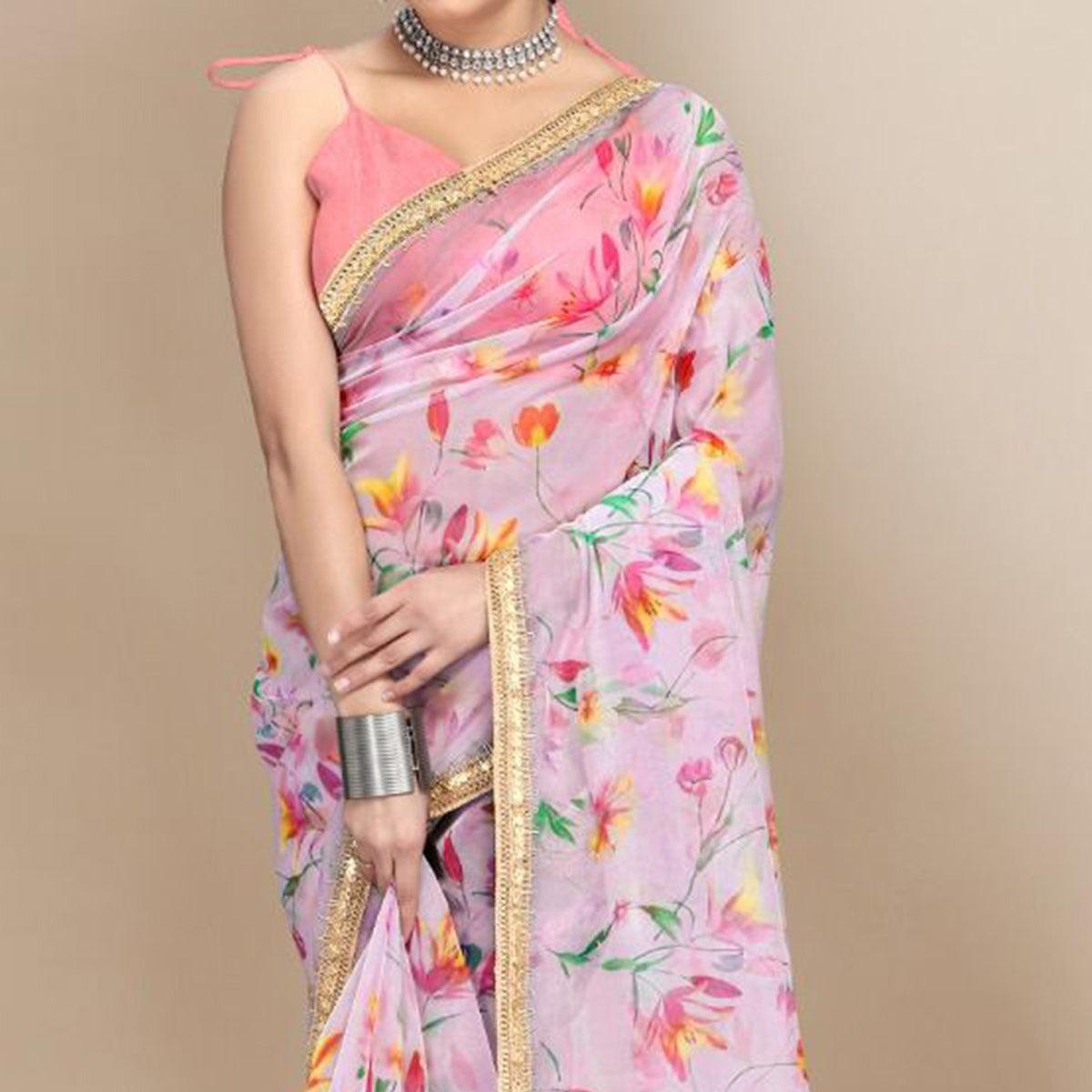 Light Purple Casual Wear Printed Organza Saree - Peachmode