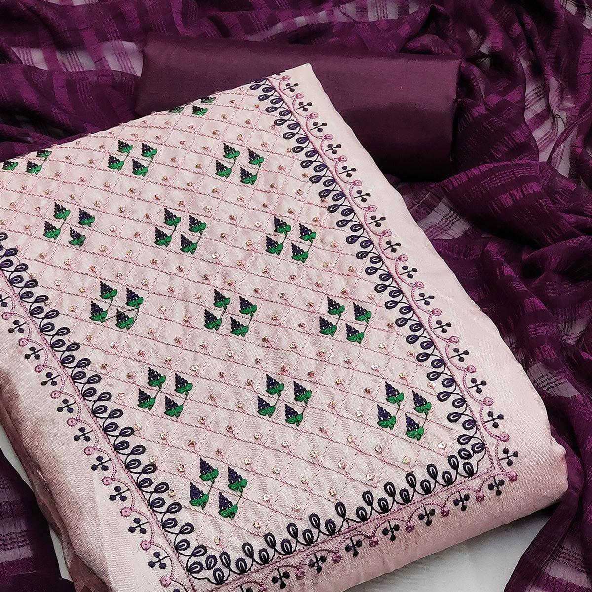 Light Purple Casual Wear Sequence Embroidered Silk Dress Material - Peachmode