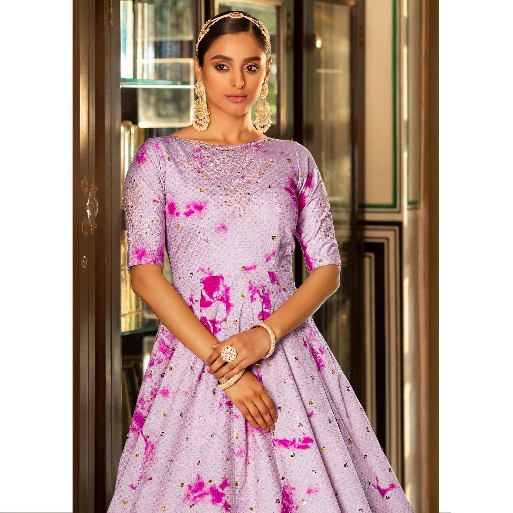 Light Purple Digital Printed With Sequence Embroidered Poly Cotton Gown - Peachmode