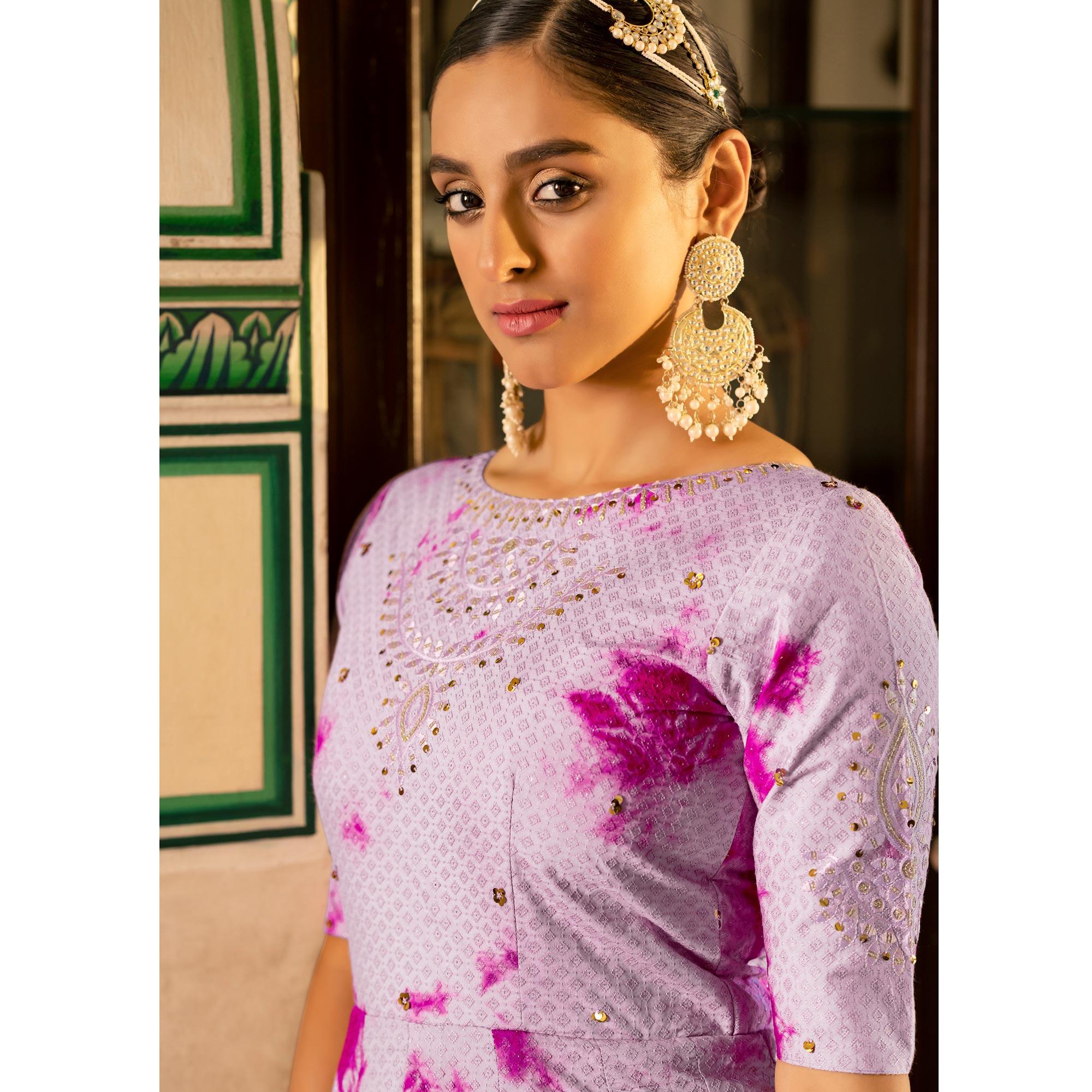 Light Purple Digital Printed With Sequence Embroidered Poly Cotton Gown - Peachmode