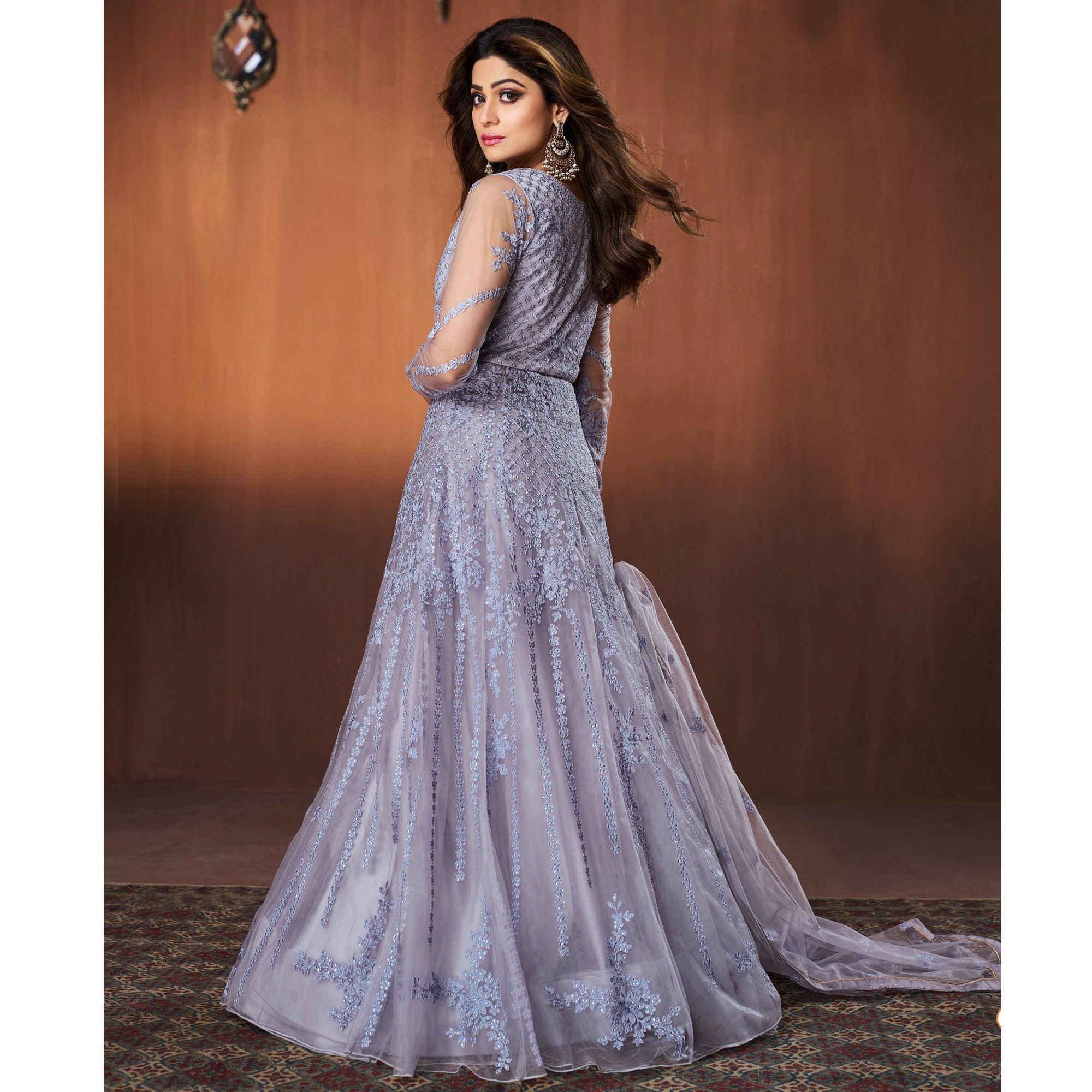 Light Purple Embroidered Netted Anarkali Style Gown - Peachmode