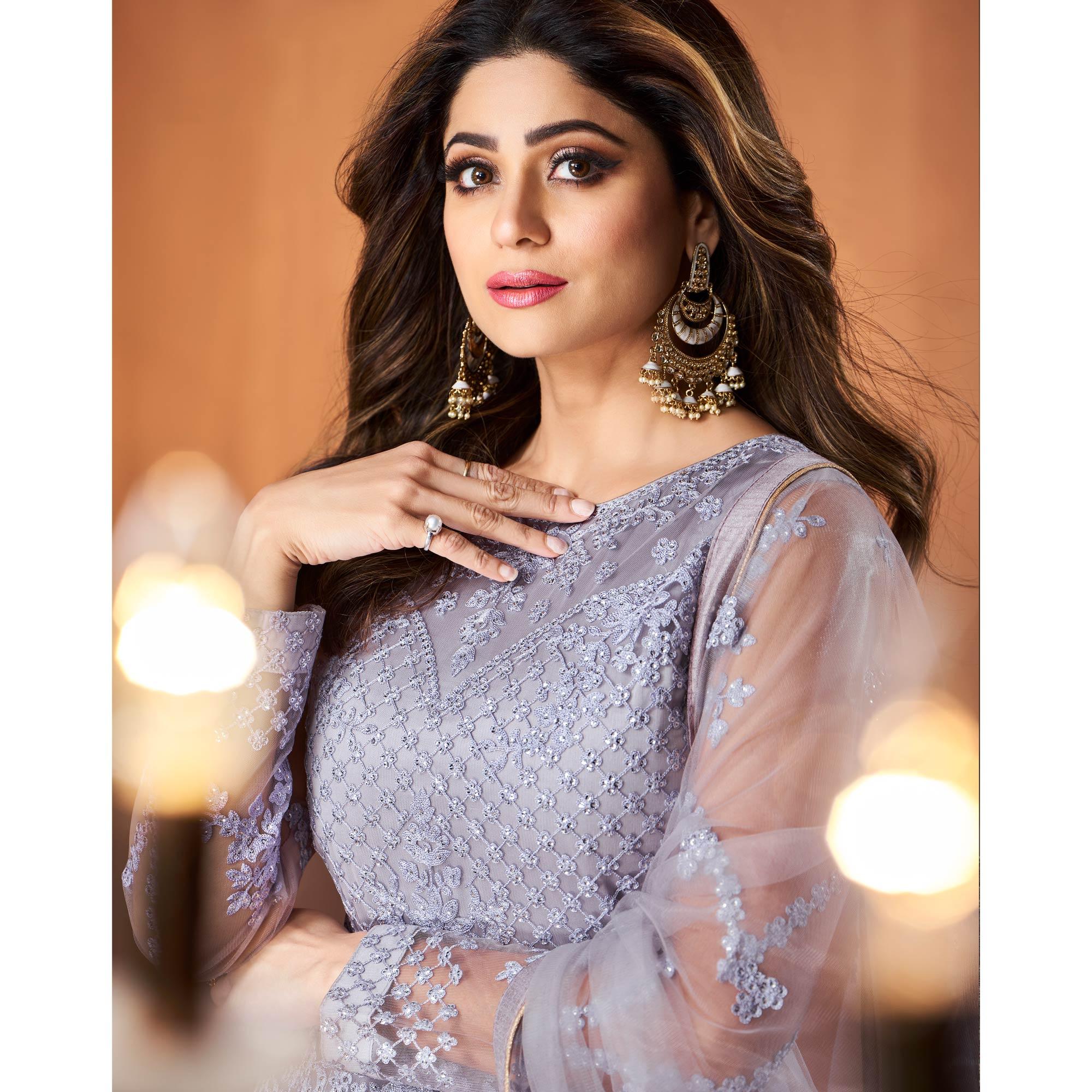 Light Purple Embroidered Netted Anarkali Style Gown - Peachmode