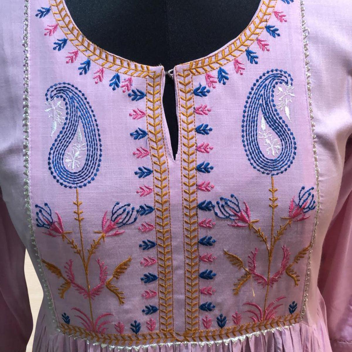 Light Purple Embroidered Pure Cotton Short Kurti - Peachmode