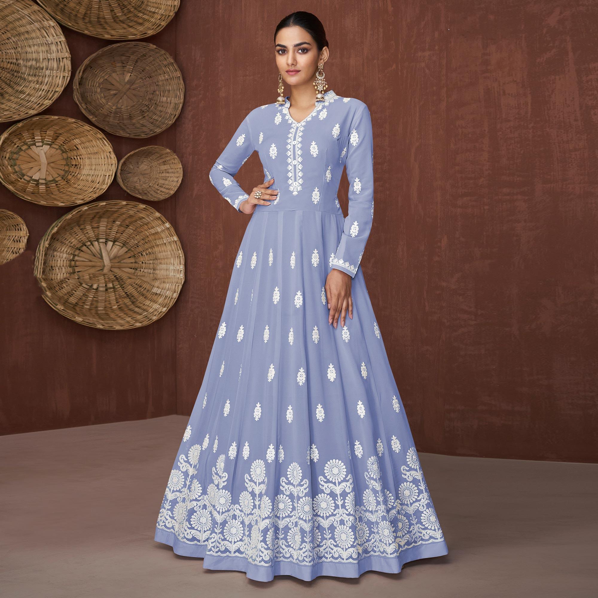 Light Purple Lucknowi Embroidered Rayon Gown - Peachmode