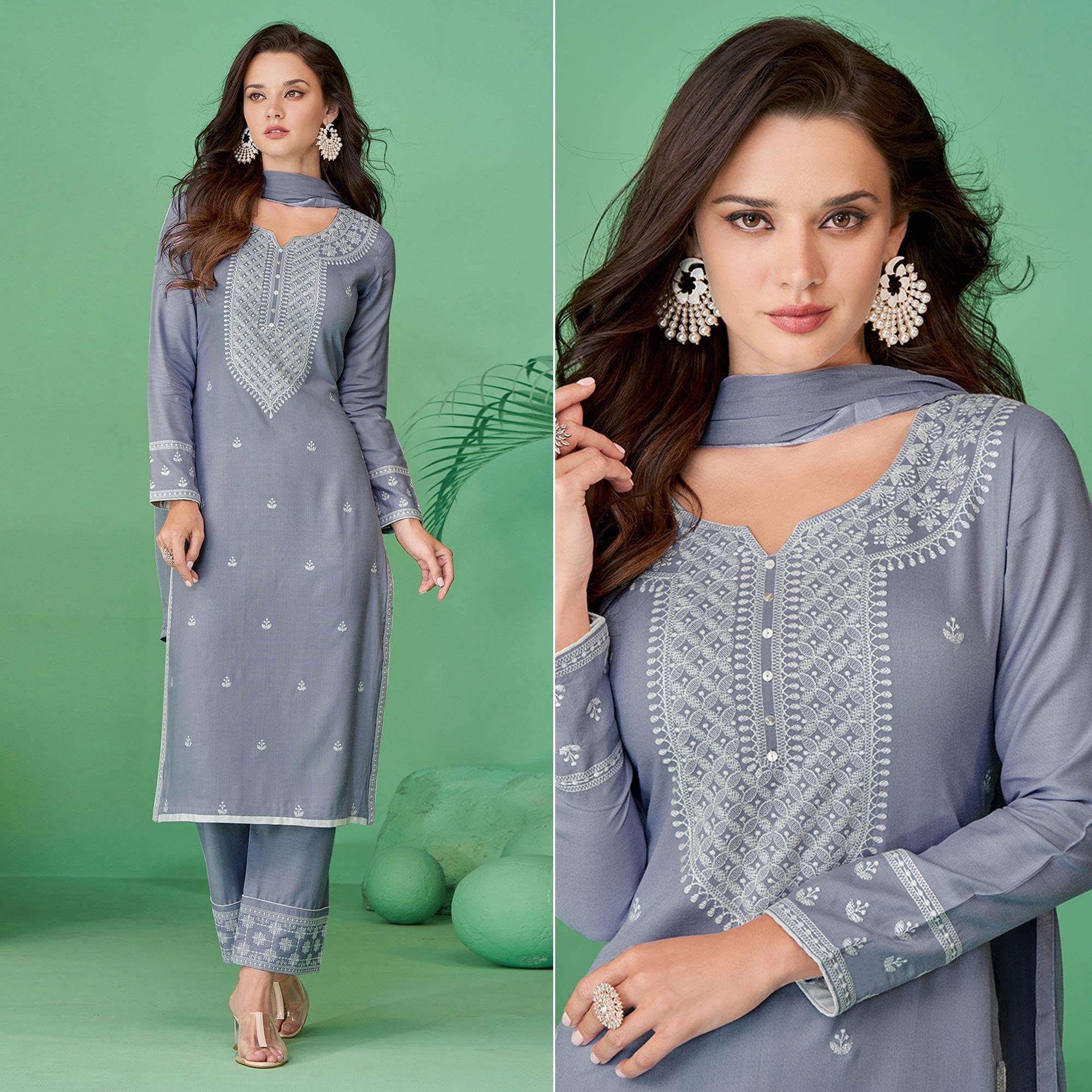 Light Purple Lucknowi Embroidered Rayon Kurti Pant Set With Dupatta - Peachmode