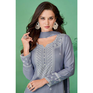 Light Purple Lucknowi Embroidered Rayon Kurti Pant Set With Dupatta - Peachmode