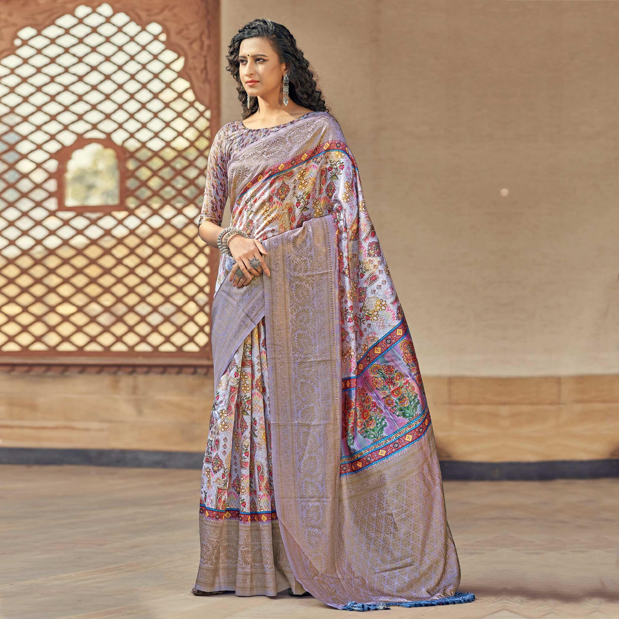 Light Purple Party Wear Digital Print Art Silk Saree With Tassels - Peachmode