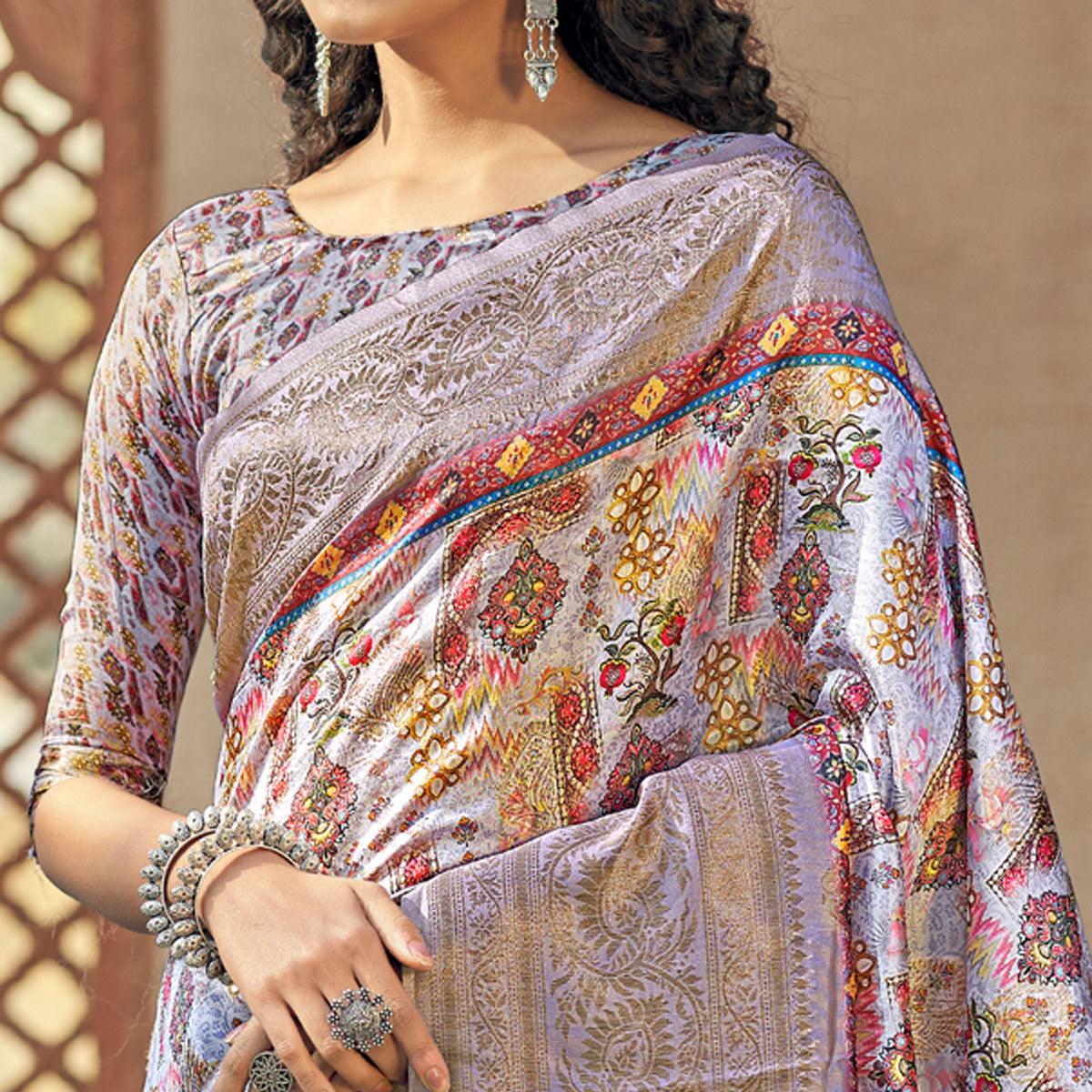 Light Purple Party Wear Digital Print Art Silk Saree With Tassels - Peachmode