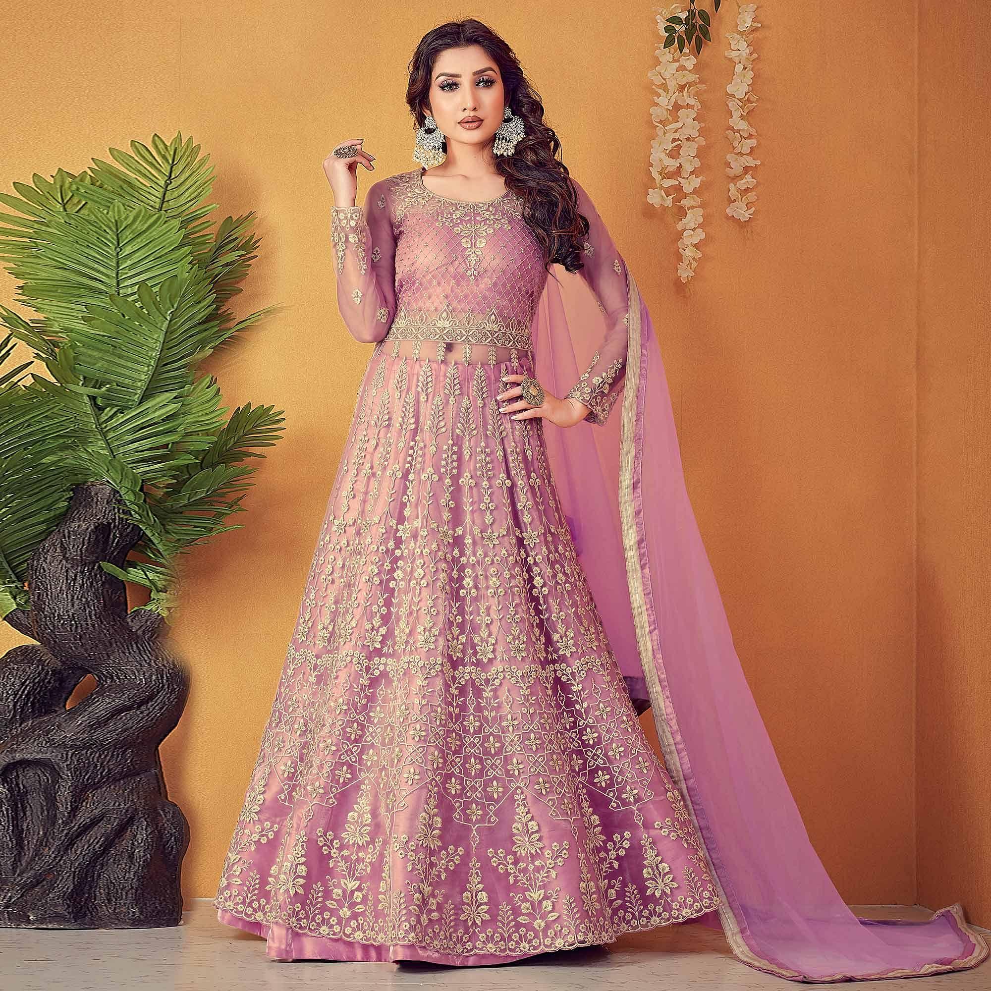Light Purple Partywear Embroidered & Swarovski Soft Net Gown - Peachmode