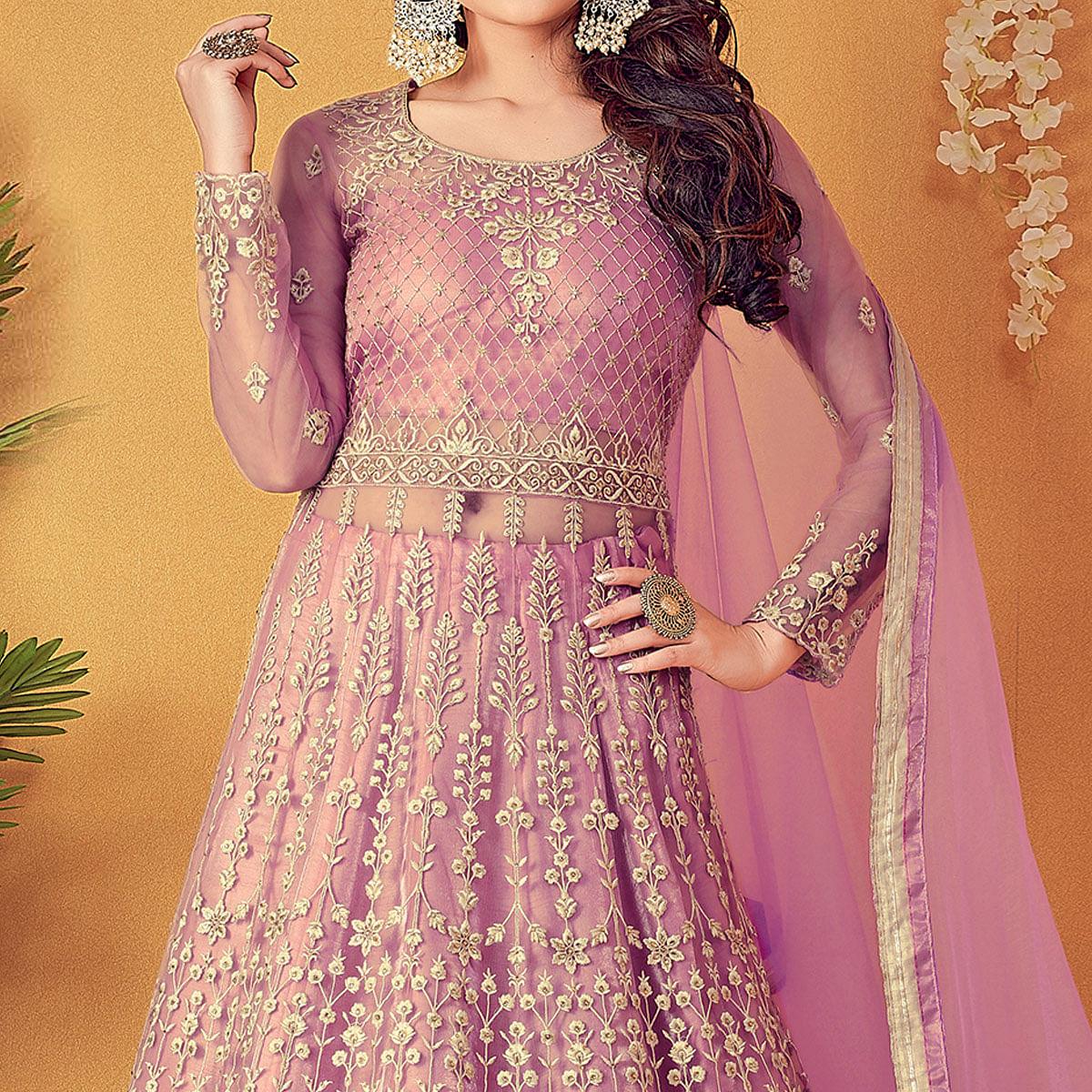 Light Purple Partywear Embroidered & Swarovski Soft Net Gown - Peachmode