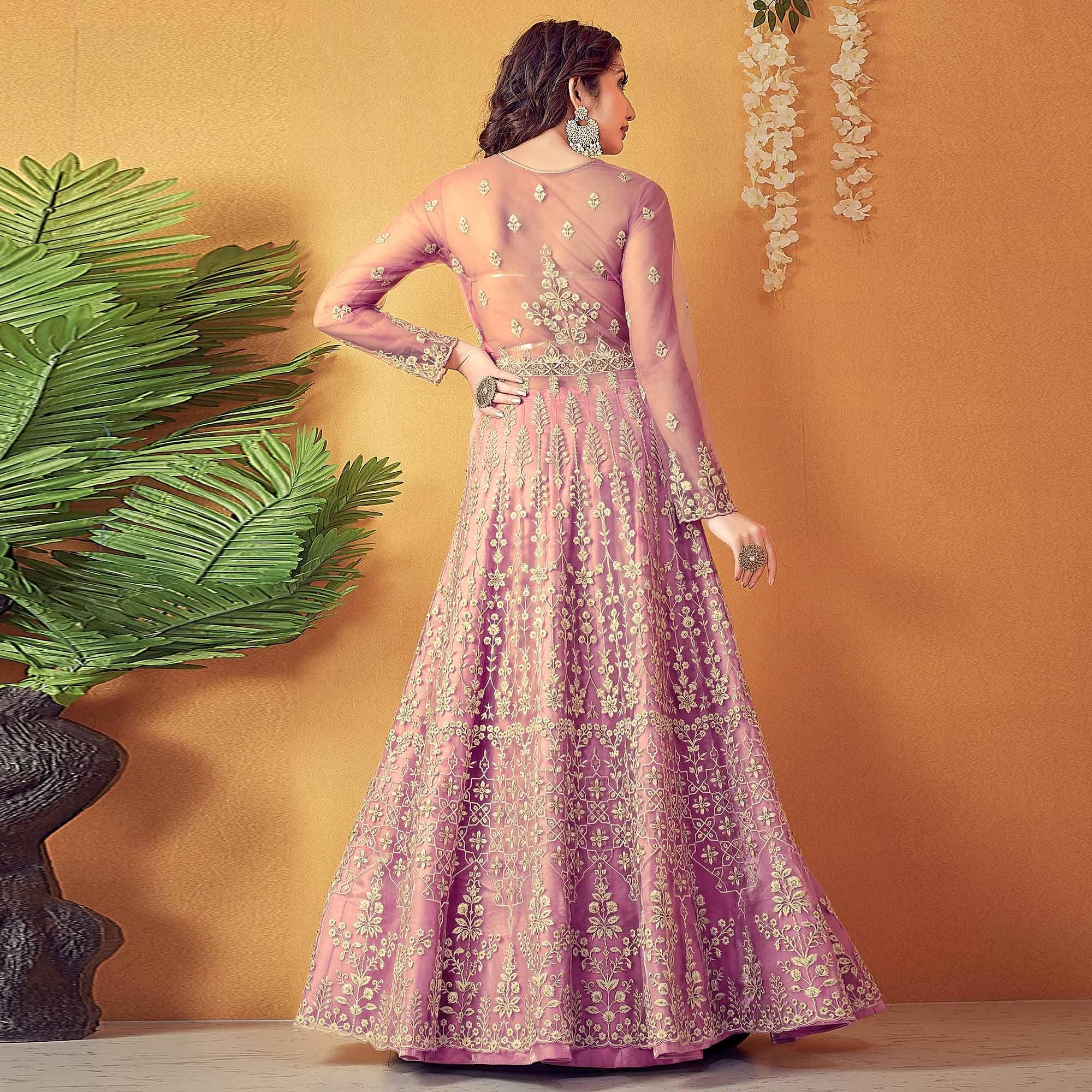 Light Purple Partywear Embroidered & Swarovski Soft Net Gown - Peachmode