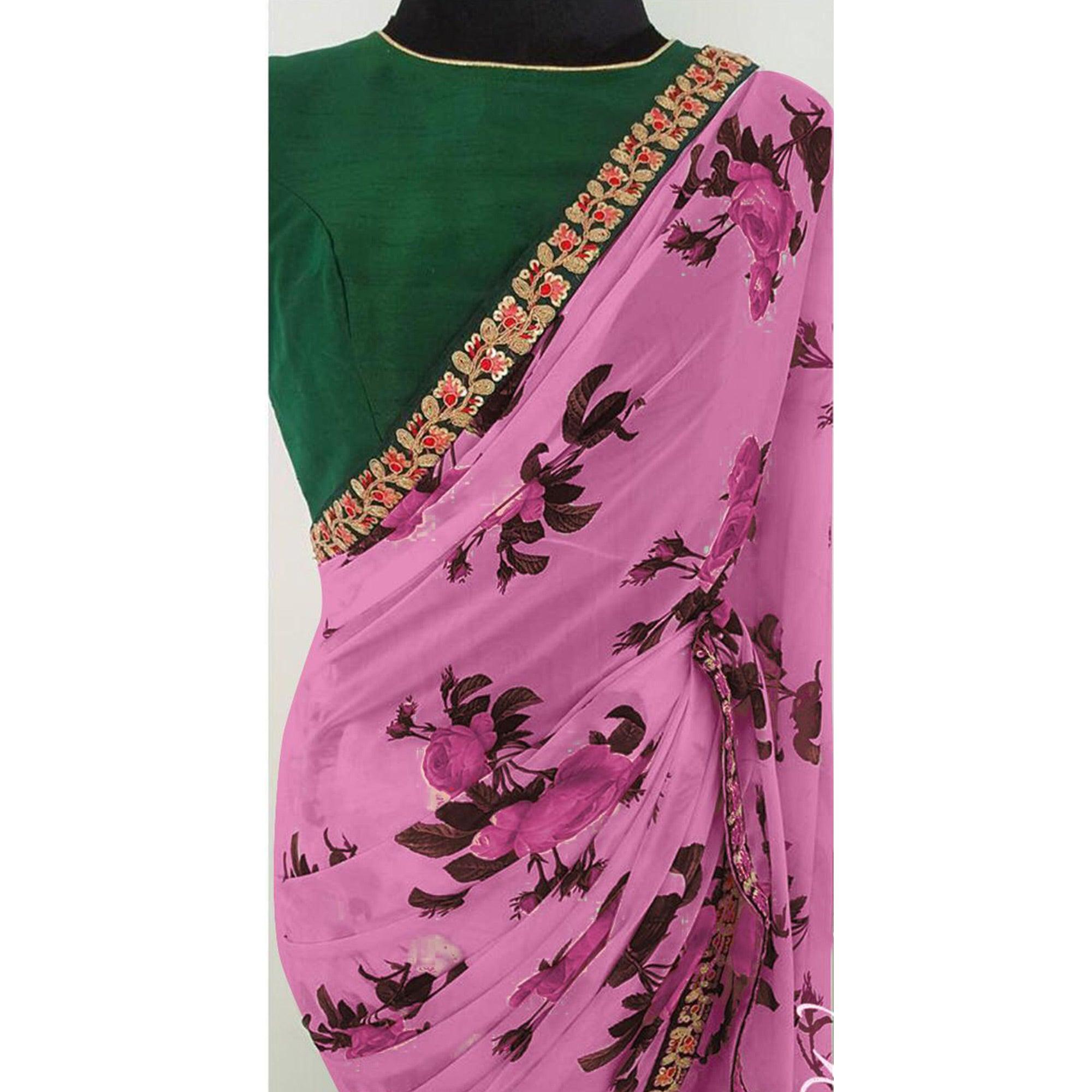 Light Purple Partywear Floral Printed Georgette Saree With Embroidered Lace - Peachmode