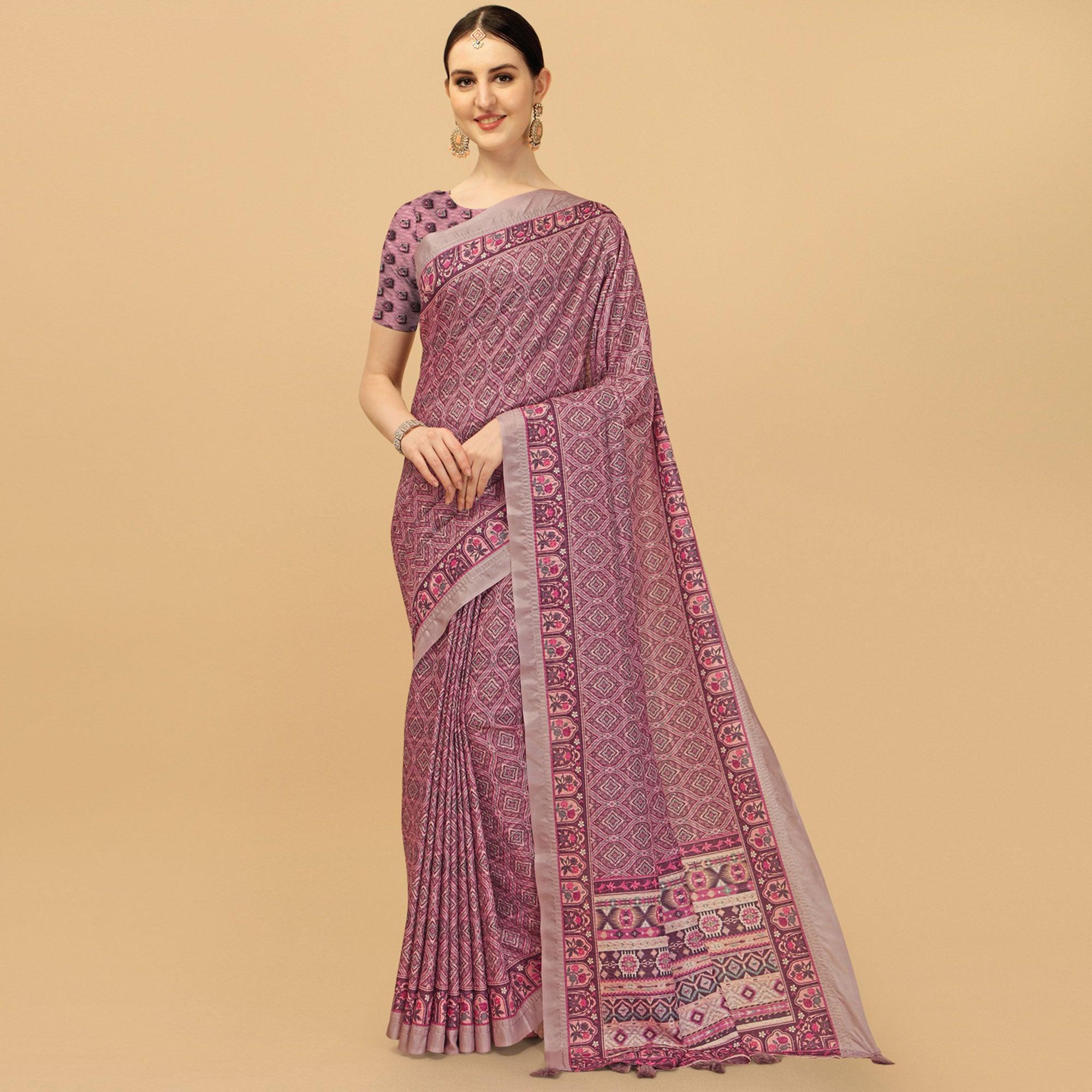 Light Purple Printed With Sequence Embroidered Cotton Silk Saree - Peachmode