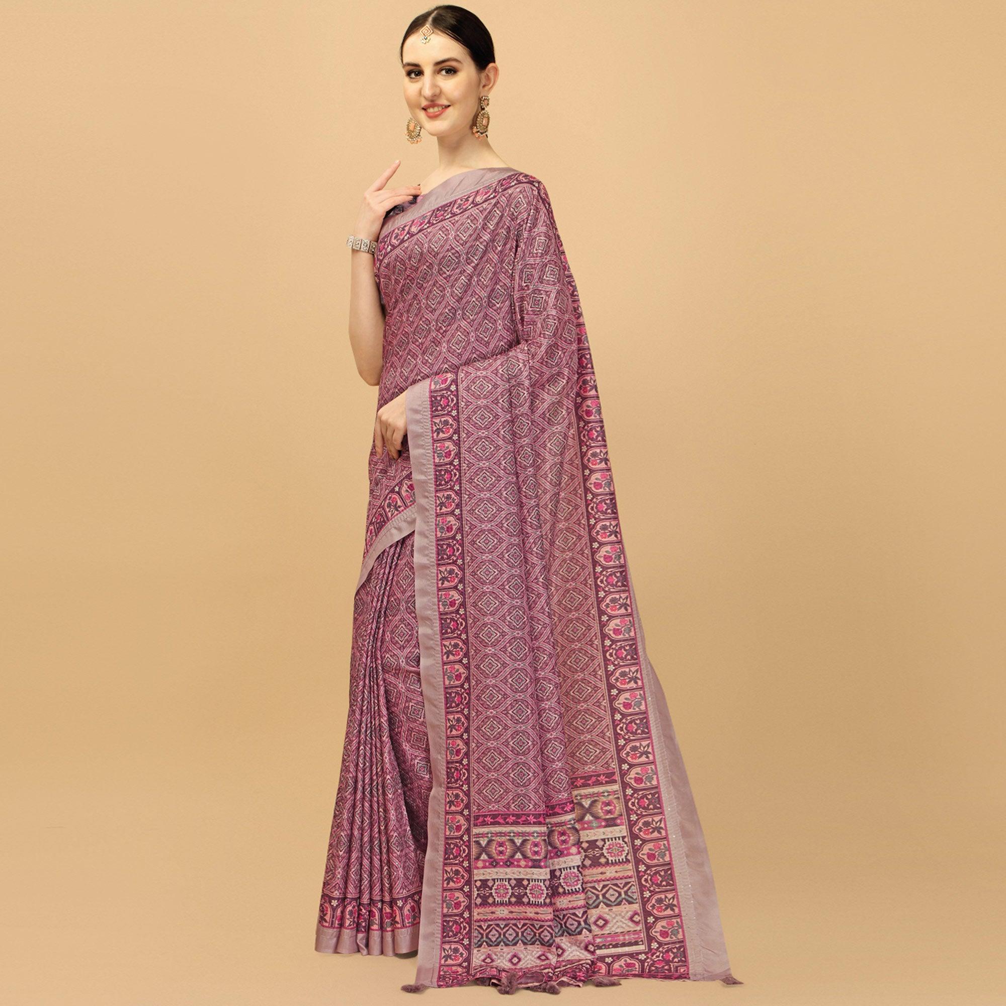 Light Purple Printed With Sequence Embroidered Cotton Silk Saree - Peachmode