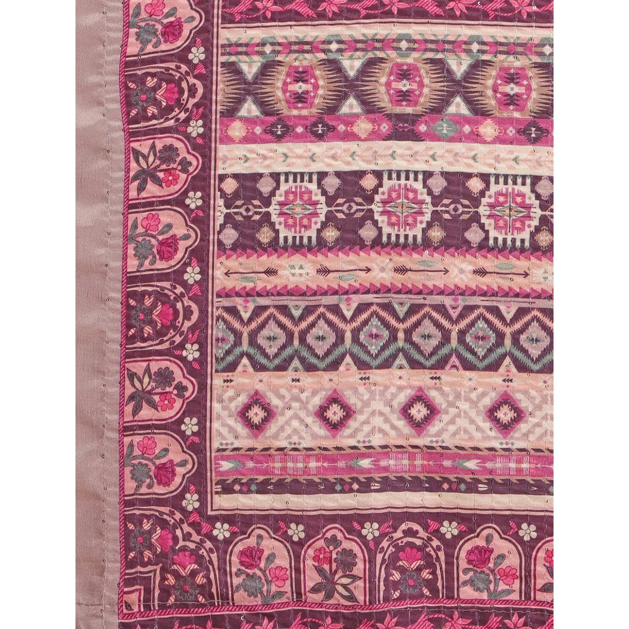 Light Purple Printed With Sequence Embroidered Cotton Silk Saree - Peachmode