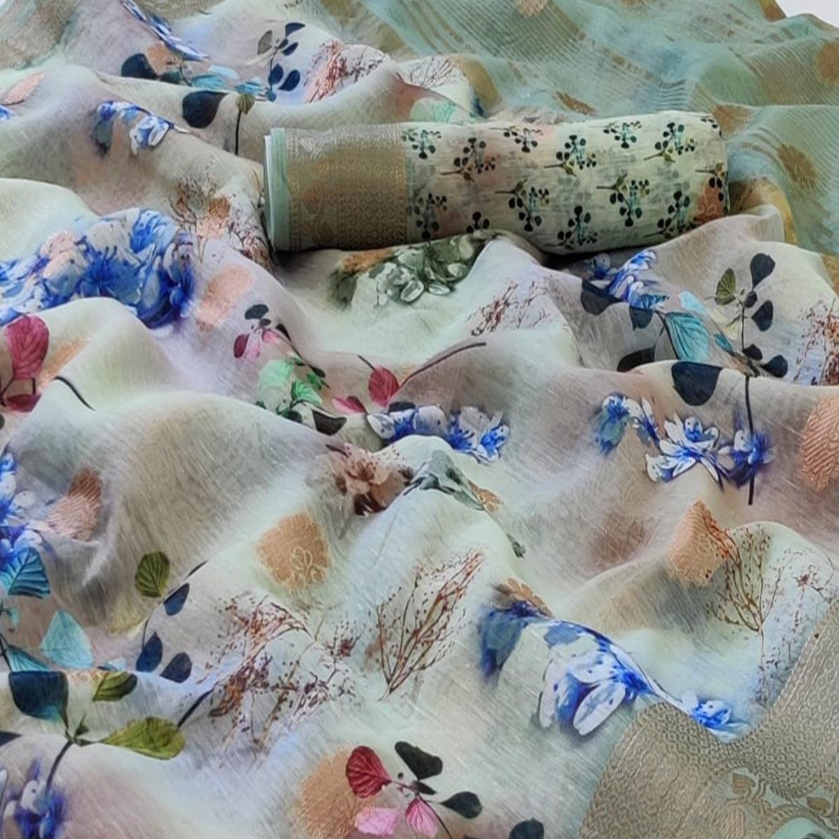 Light Rama Festive Wear Floral Digital Print With Woven Border Handloom Banarasi Silk Saree - Peachmode