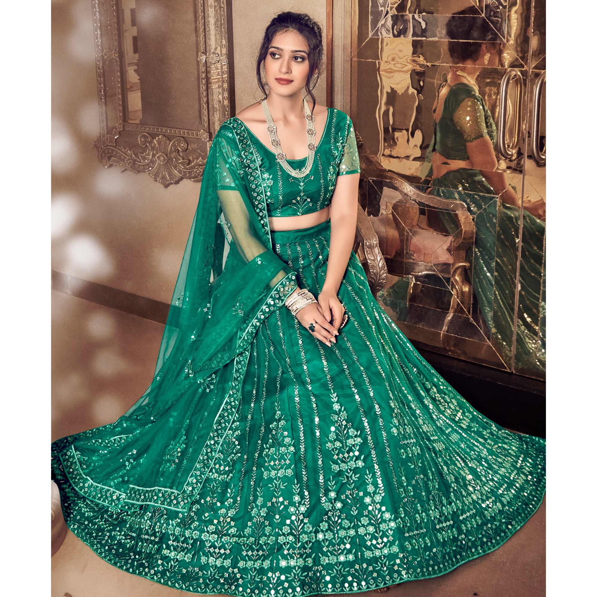 Light Rama Partywear Thread Sequence Soft Net Lehenga Choli - Peachmode