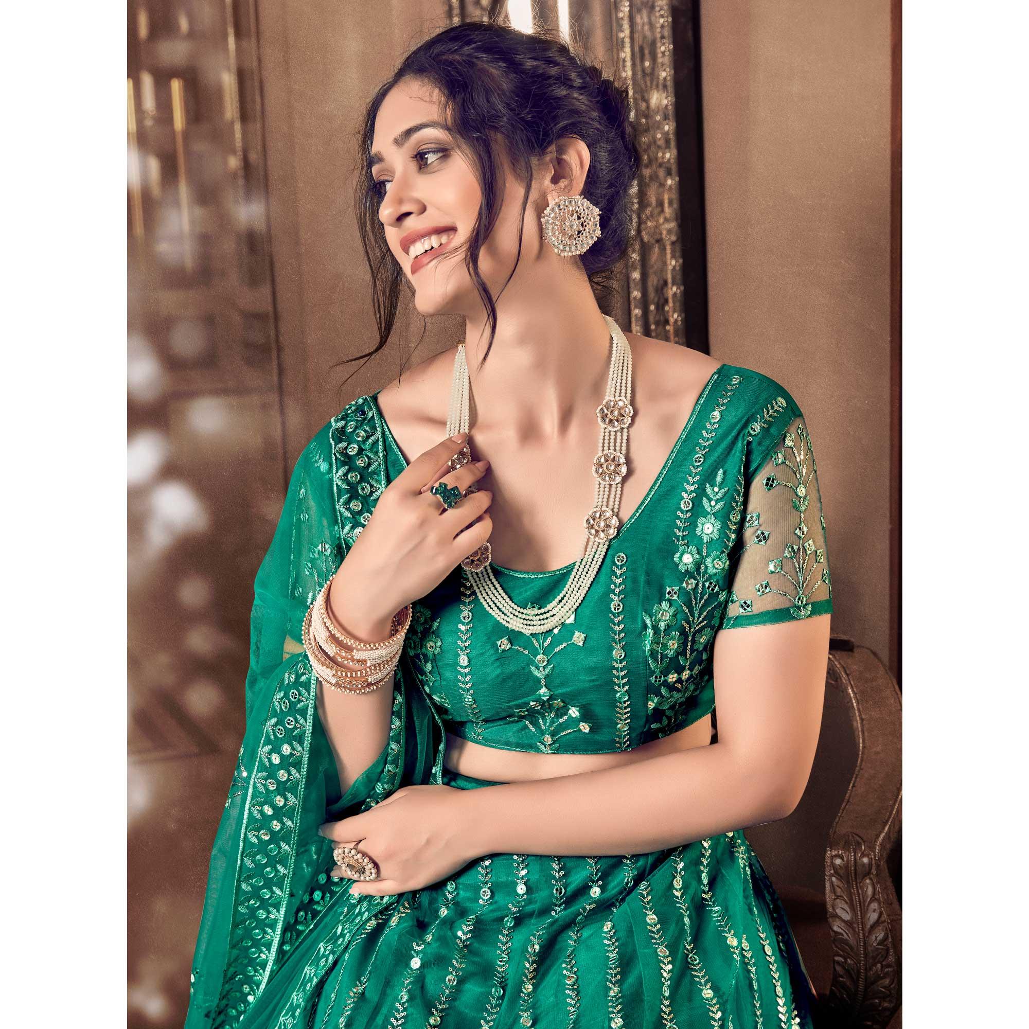 Light Rama Partywear Thread Sequence Soft Net Lehenga Choli - Peachmode