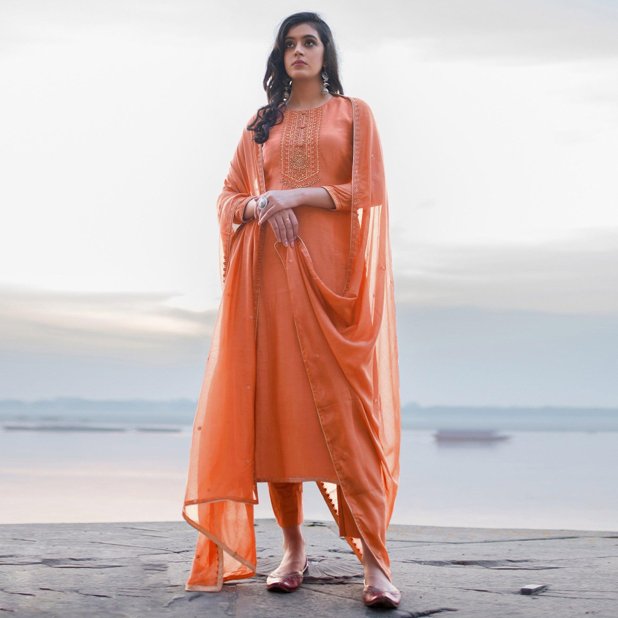 Light Salmon Emboidered Designer Georgette Partywear Suit - Peachmode